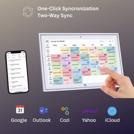Smart digital calendar display and mobile app showing colorful weekly schedule, syncing with Google, Outlook, Cozi, Yahoo, iCloud calendars TUTT