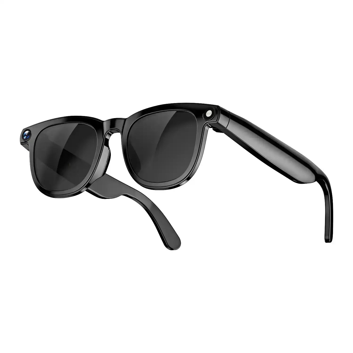 Black smart sunglasses with camera lens on frame against white background, TUTT