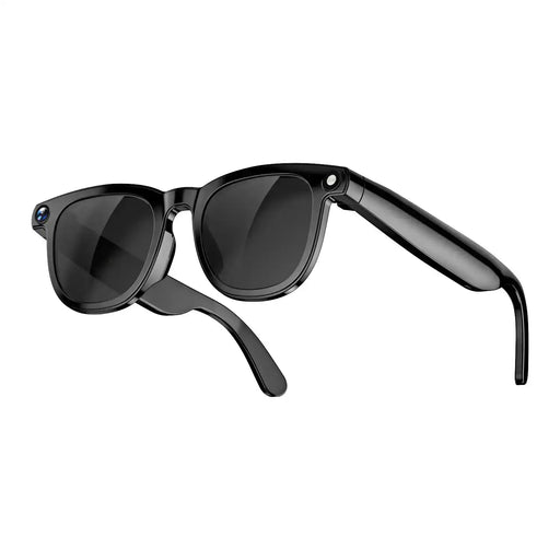 Black smart sunglasses with camera lens on frame against white background, TUTT