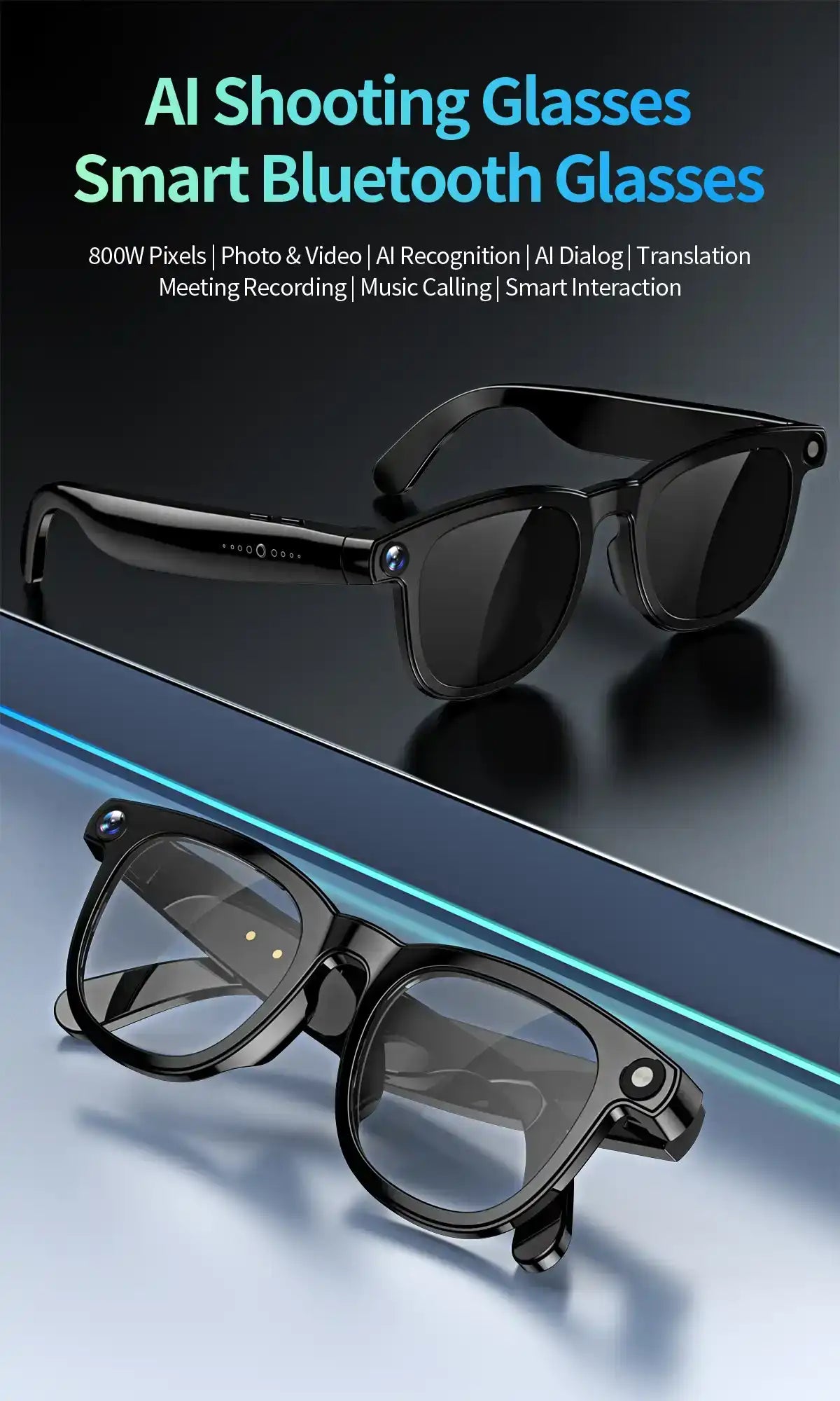 AI smart glasses and sunglasses with camera, Bluetooth, and replaceable lenses on display, TUTT