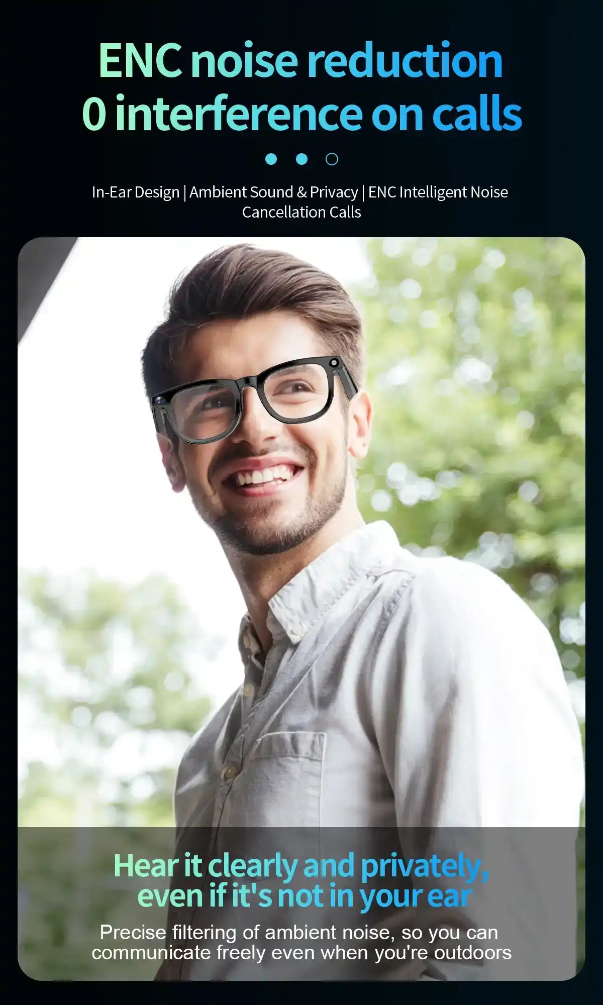 Smiling man wearing black smart glasses with camera, outdoors, ENC noise reduction feature, TUTT
