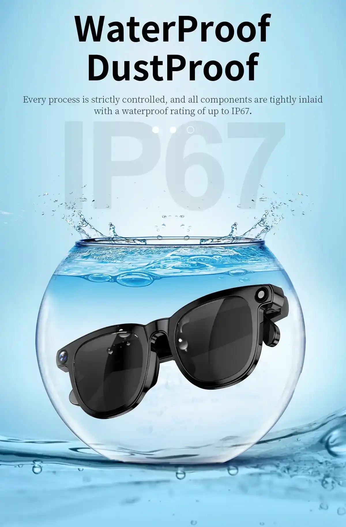 Black smart glasses with camera submerged in water, showcasing waterproof IP67 feature, TUTT