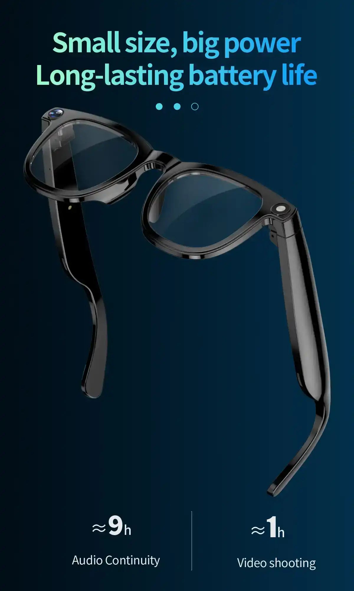 Black smart glasses with built-in camera, long battery life text, blue background, TUTT