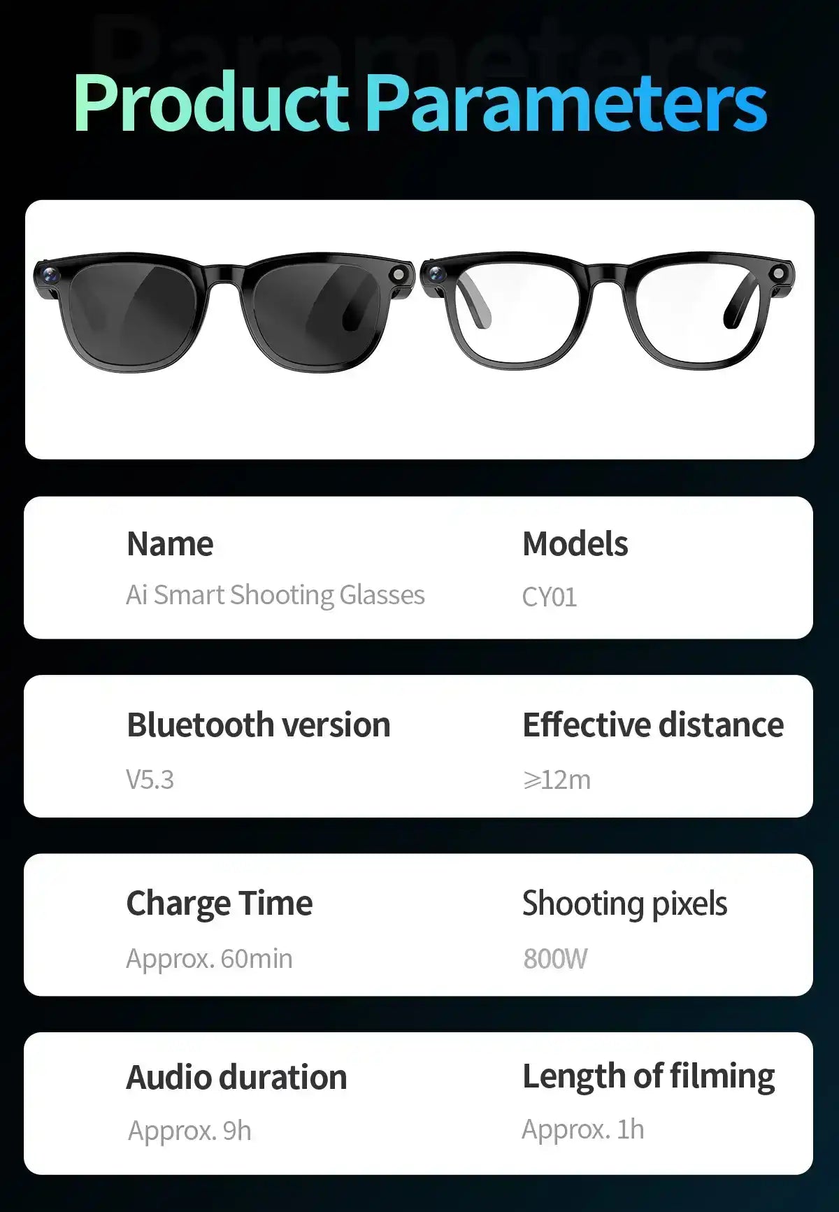 Two TUTT AI smart glasses, black frames, specs listed for Bluetooth, camera, and battery life. TUTT
