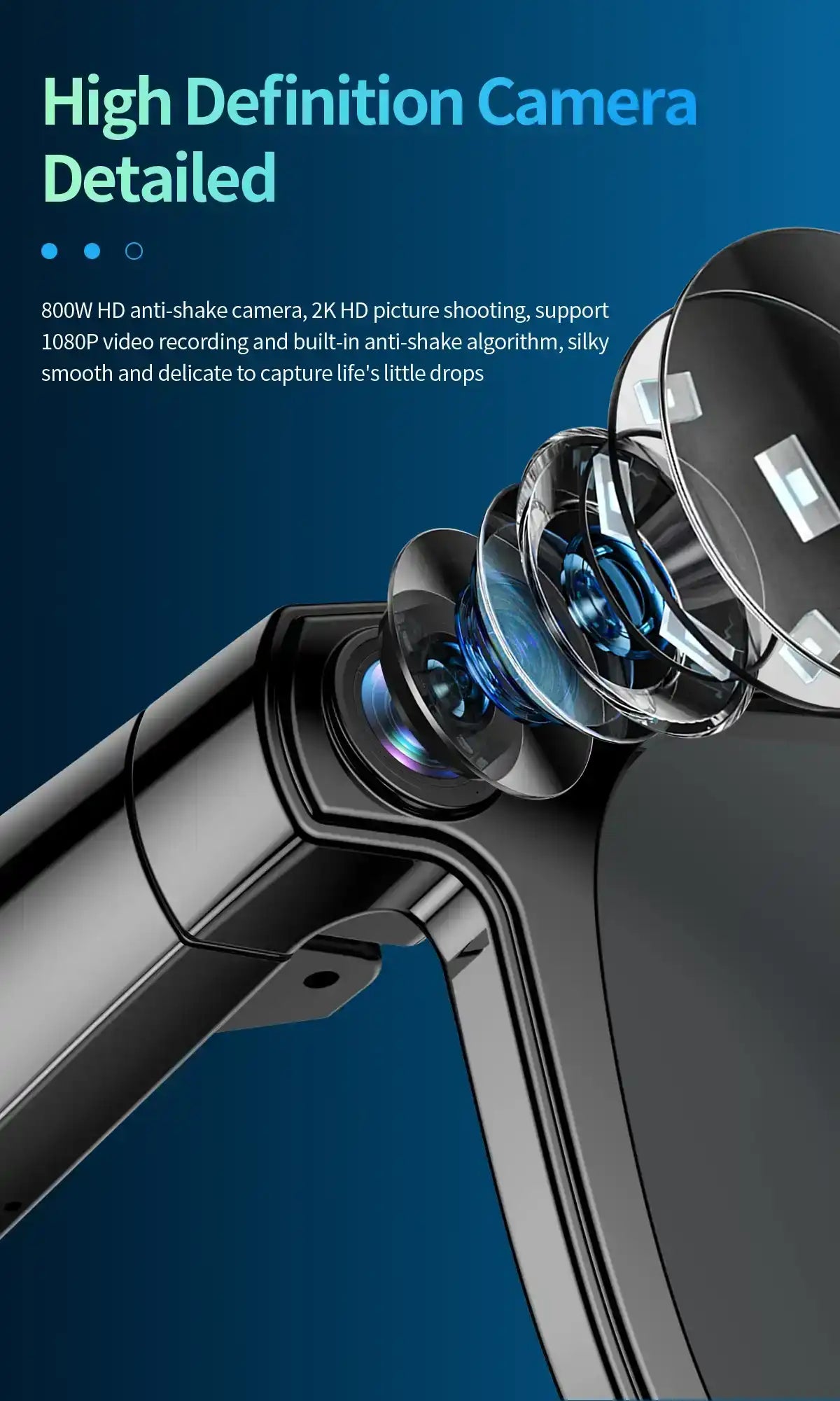 Close-up of TUTT AI smart glasses with an exposed 8MP HD camera lens and blue background. TUTT