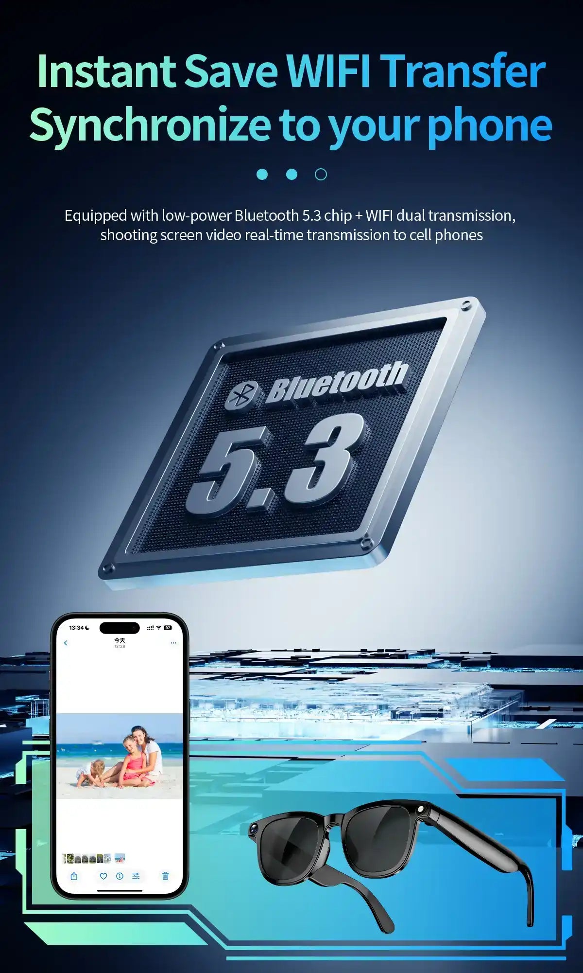 Smart sunglasses with camera, Bluetooth 5.3, WiFi phone sync, and smartphone display, TUTT