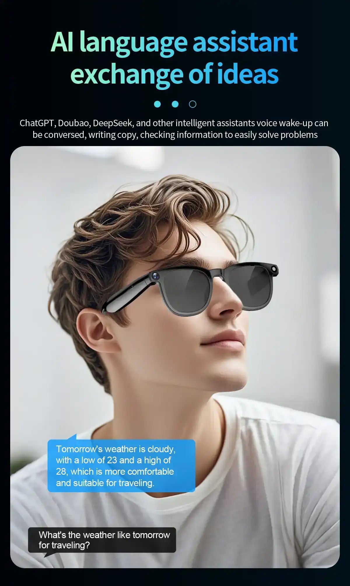 Man wearing smart AI sunglasses with dual lenses and camera, displaying voice assistant chat, TUTT