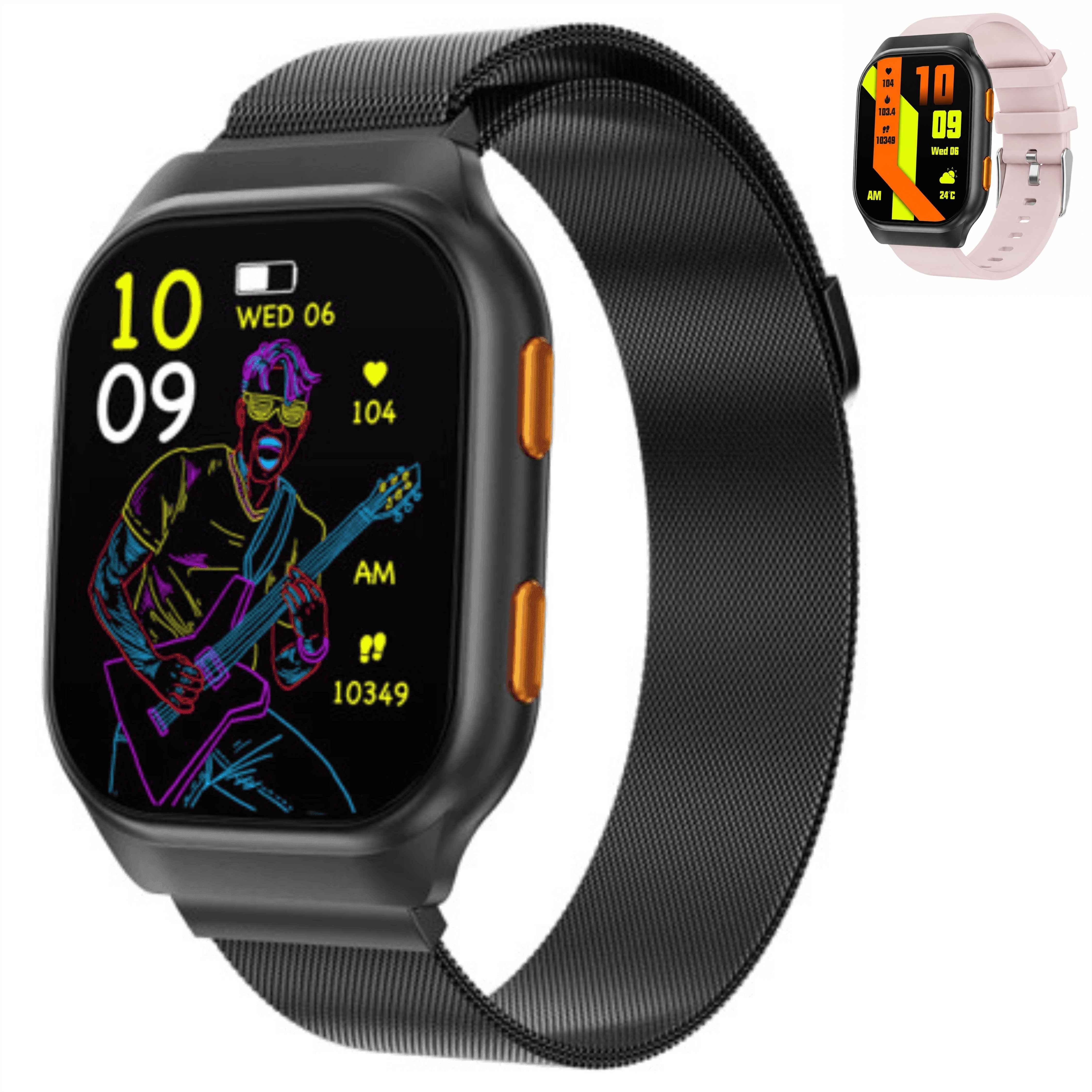 Black smartwatch with a mesh loop band and orange side buttons, shown on a white background with a small inset of a light pink version. The watch face displays colorful digital graphics.