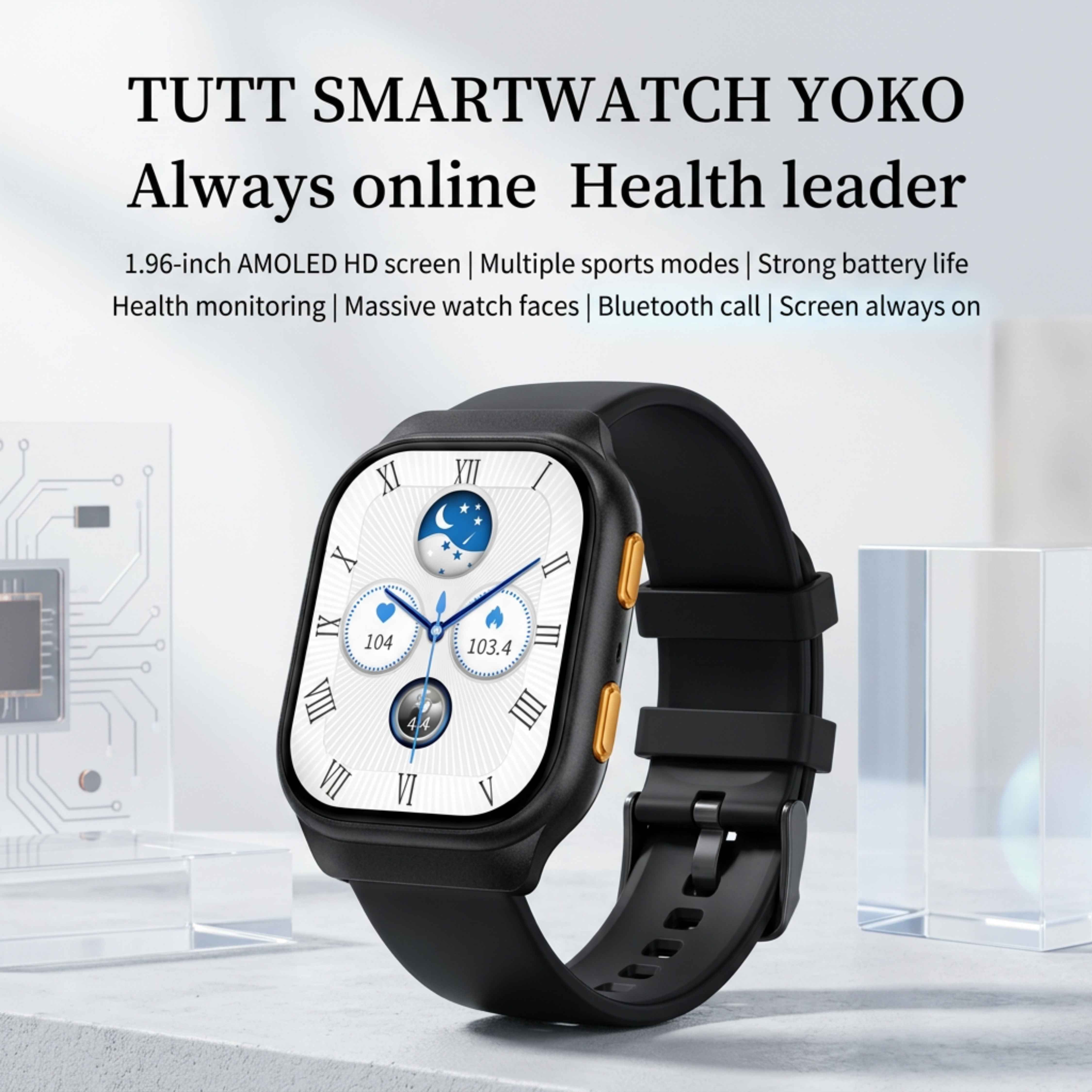 Montre connectée TUTT avec écran AMOLED | Affichage permanent | Suivi de santé et d'activité | YOKO | Montre connectée IP68 pour hommes et femmes (deux bracelets) 