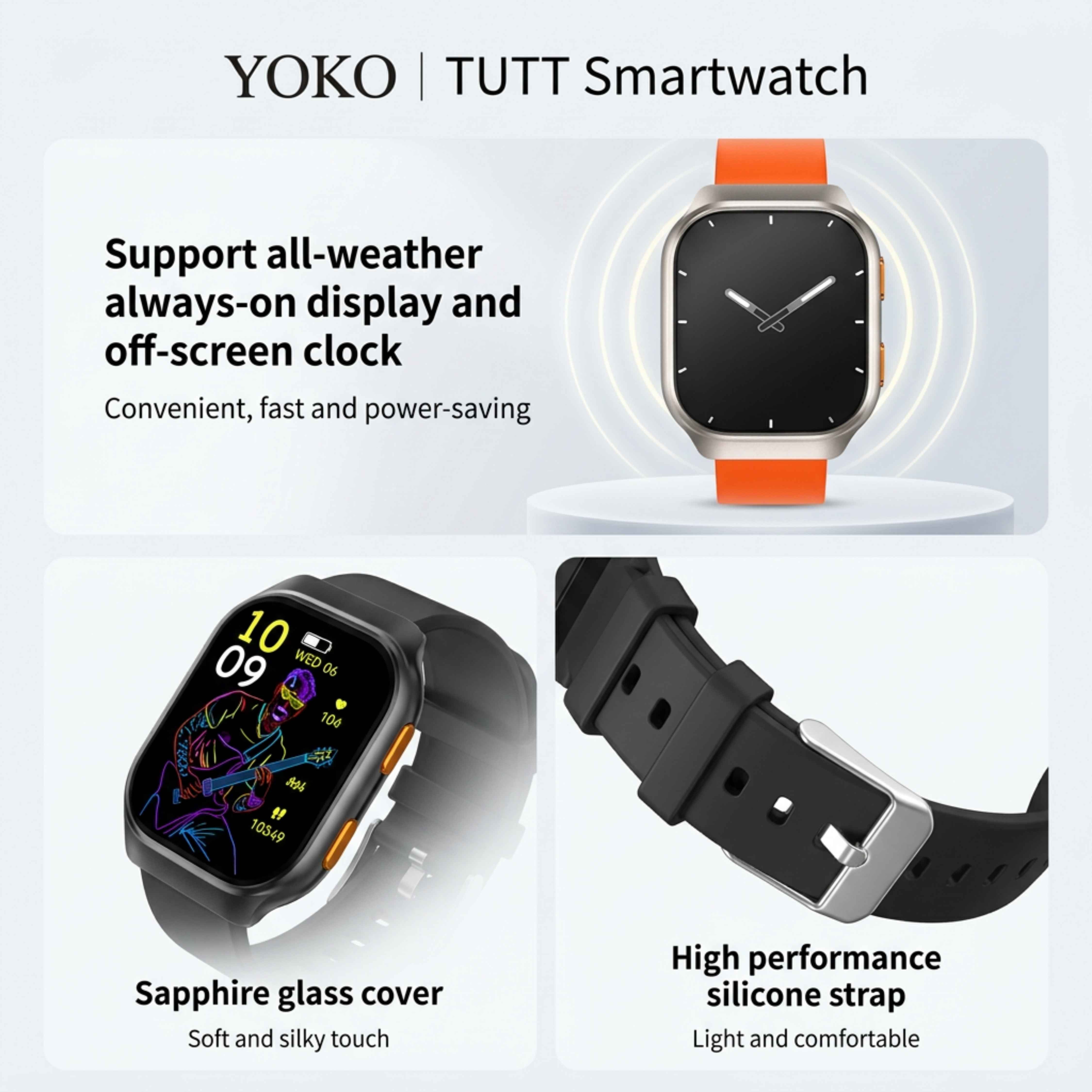 Montre connectée TUTT avec écran AMOLED | Affichage permanent | Suivi de santé et d'activité | YOKO | Montre connectée IP68 pour hommes et femmes (deux bracelets) 