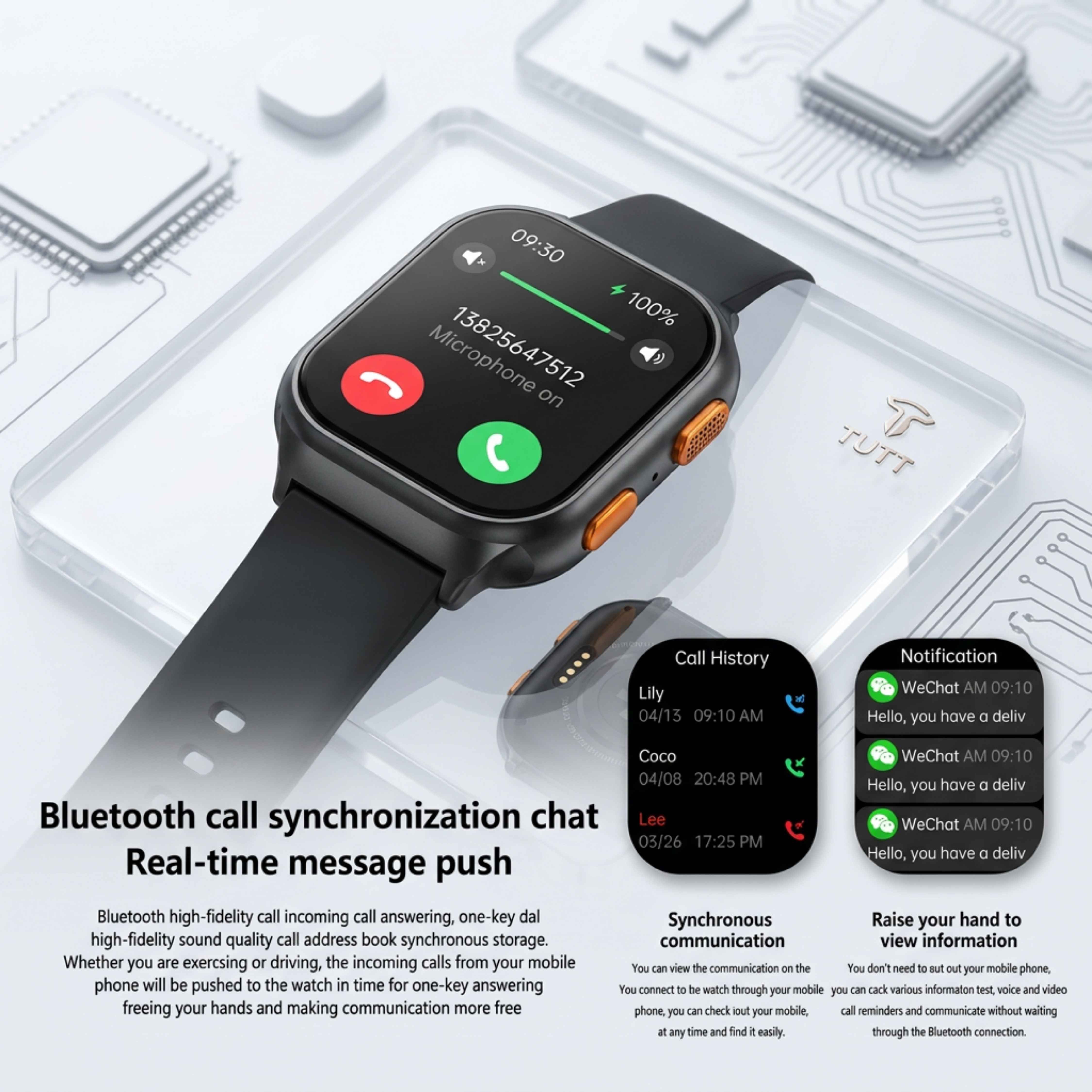 Montre connectée TUTT avec écran AMOLED | Affichage permanent | Suivi de santé et d'activité | YOKO | Montre connectée IP68 pour hommes et femmes (deux bracelets) 