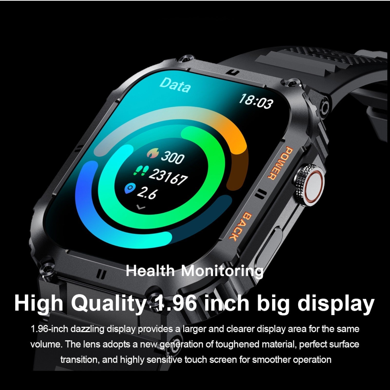 TUTT Military Smart Watch for Men | 3ATM Waterproof 1.96" Display,  Health & Fitness Tracker iOS/Android, | B8