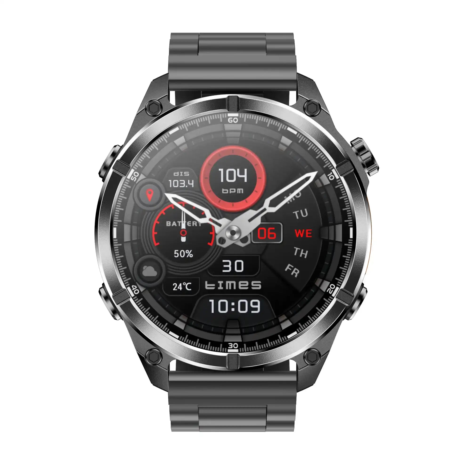 TUTT D300 tactical smart watch with rugged metal design, digital display, fitness tracking, black strap TUTT