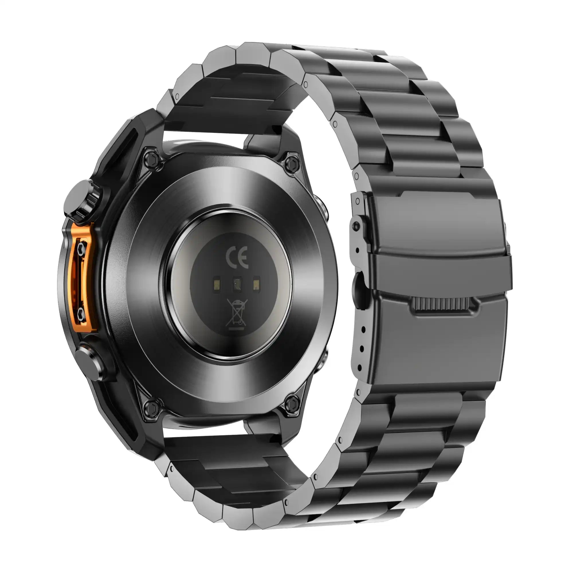 Back view of a black rugged tactical smart watch with metal band and sensor, TUTT