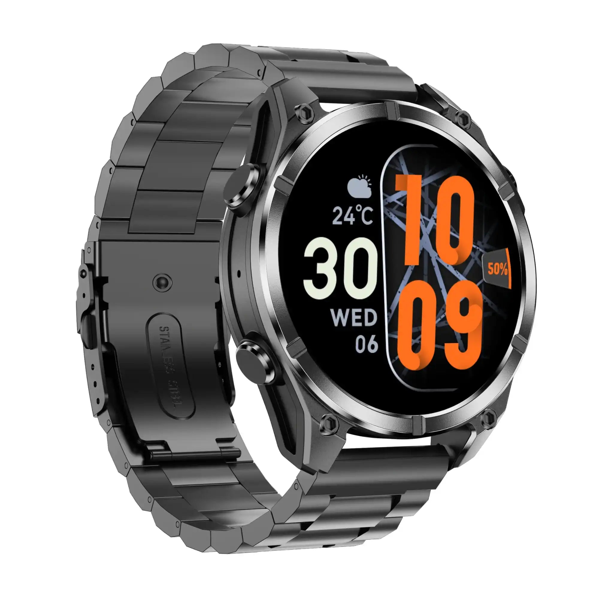 TUTT D300 tactical smart watch with rugged metal band and digital display, weather info TUTT
