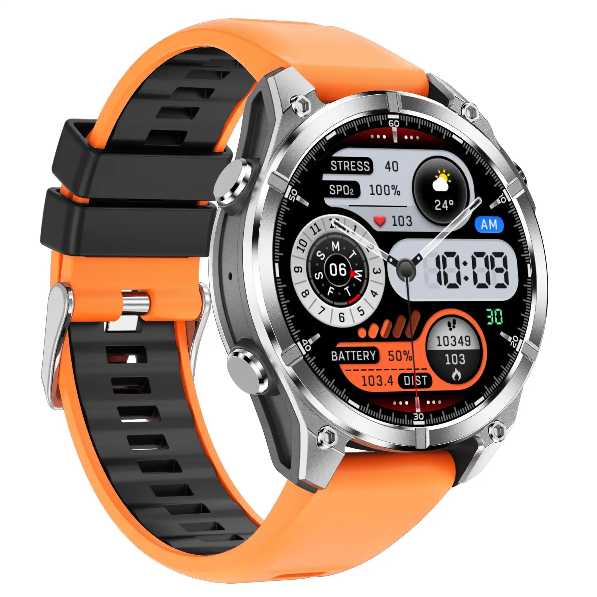 Rugged tactical smart watch with orange-black strap, multiple digital fitness displays, TUTT