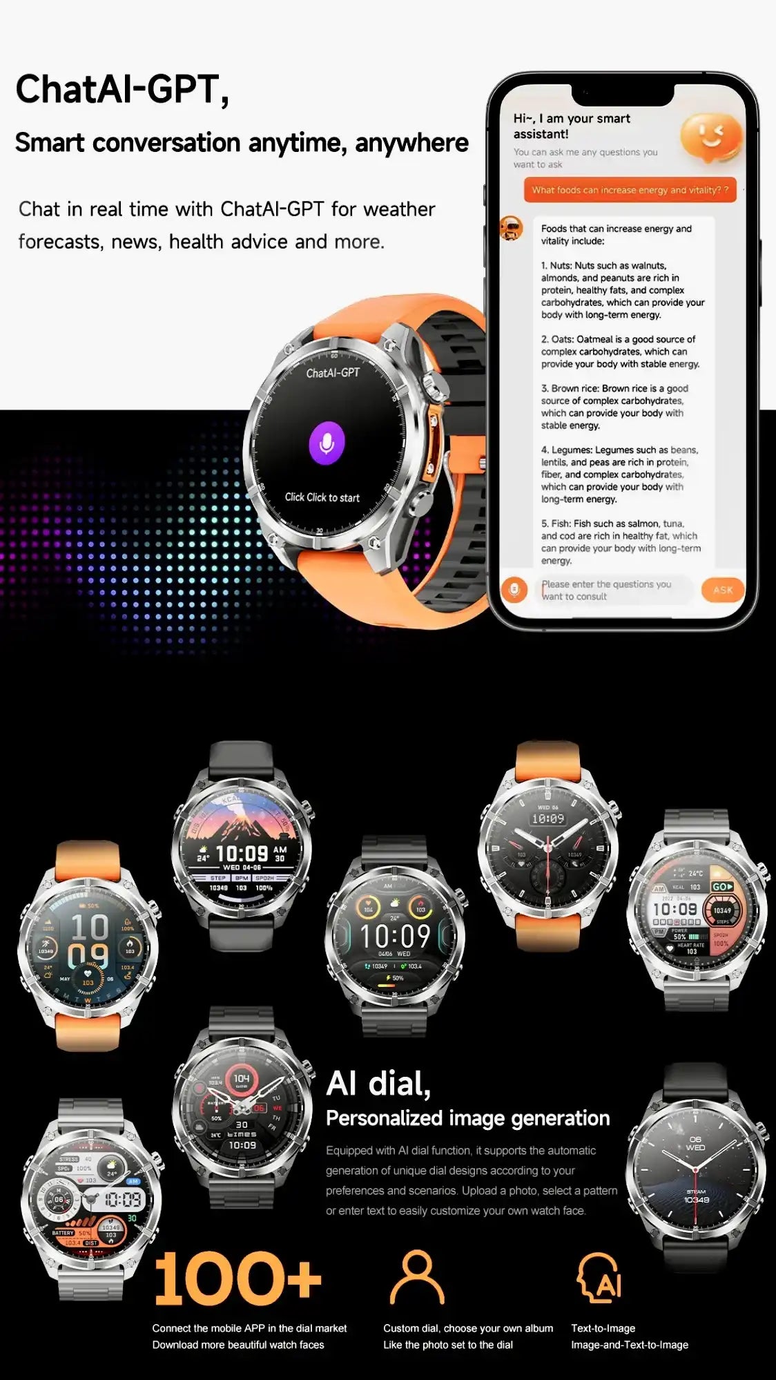 TUTT D300 Tactical Smart Watch with various digital dials, orange and black straps, AI features TUTT