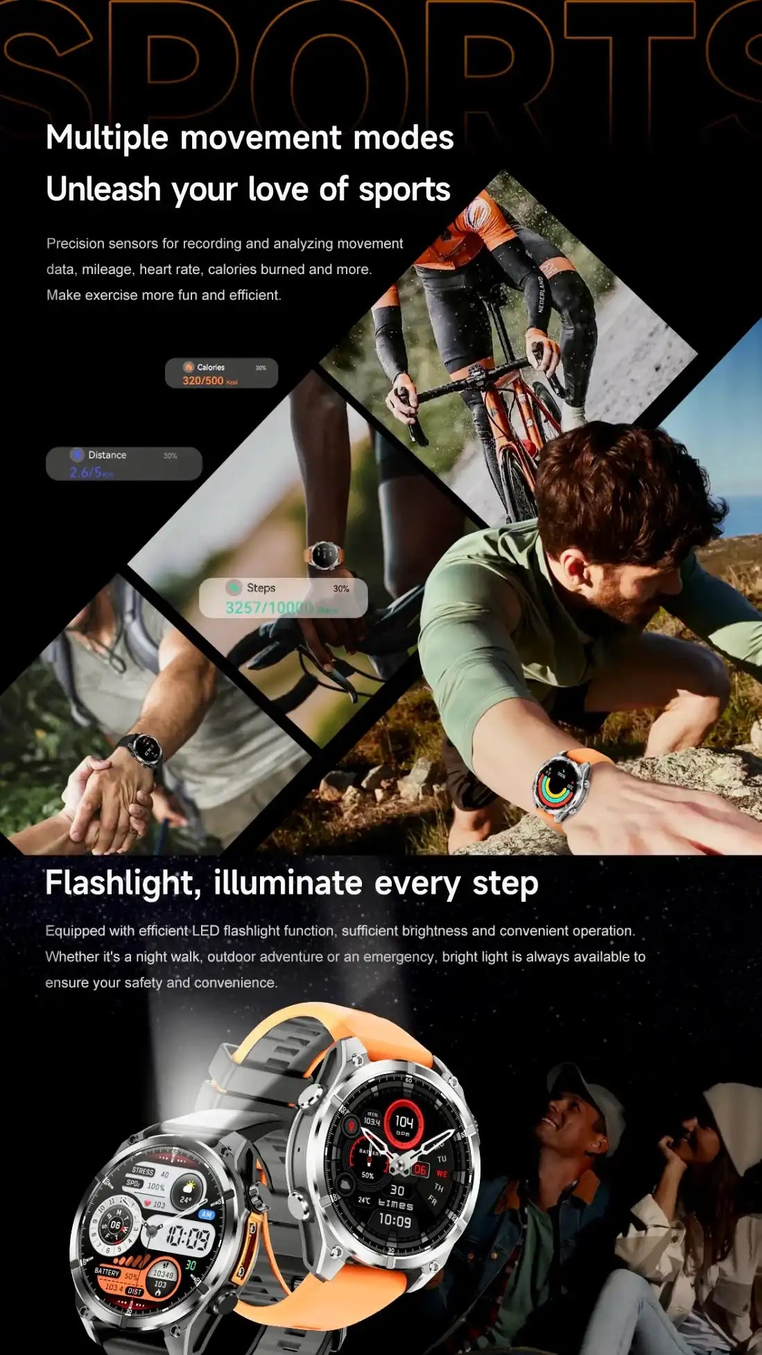 TUTT D300 tactical smart watch shown in outdoor sports and adventure settings, with rugged design and fitness tracking features. TUTT