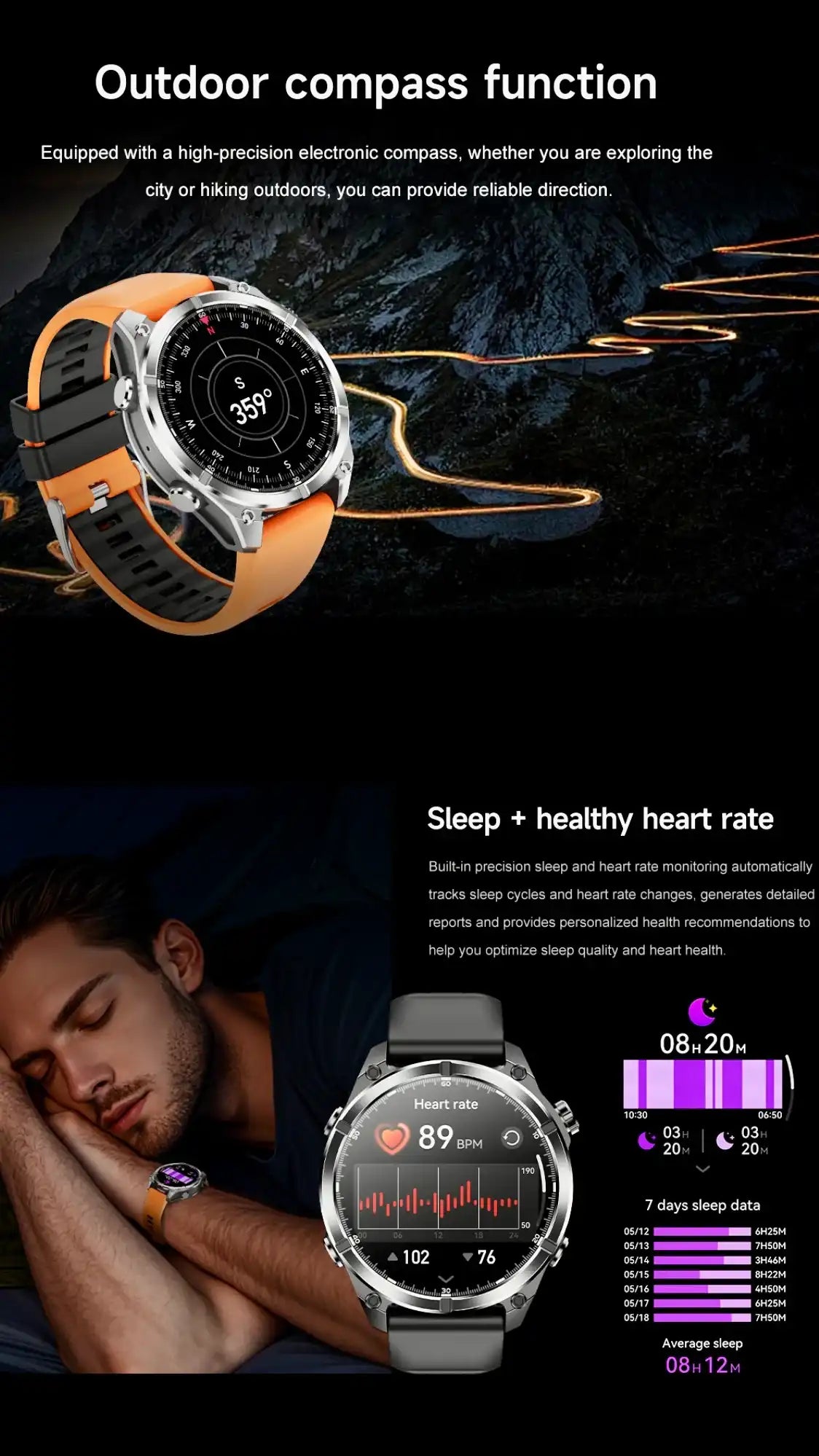 TUTT D300 tactical smart watch with orange band, electronic compass, heart rate, and sleep monitor TUTT