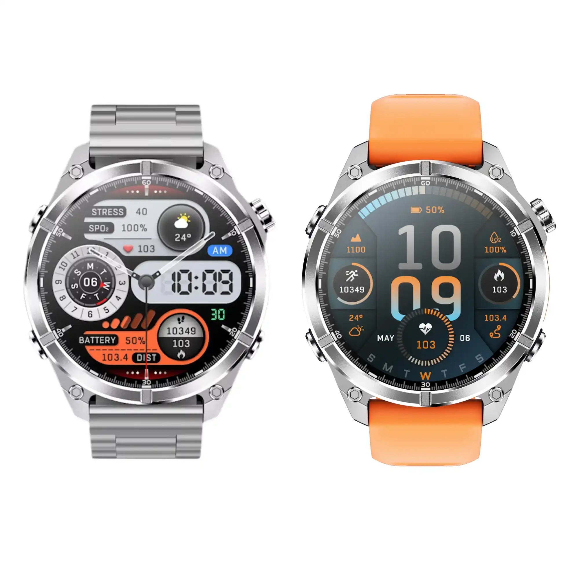 TUTT D300 tactical smart watch with silver metal and orange bands, rugged design, digital display TUTT