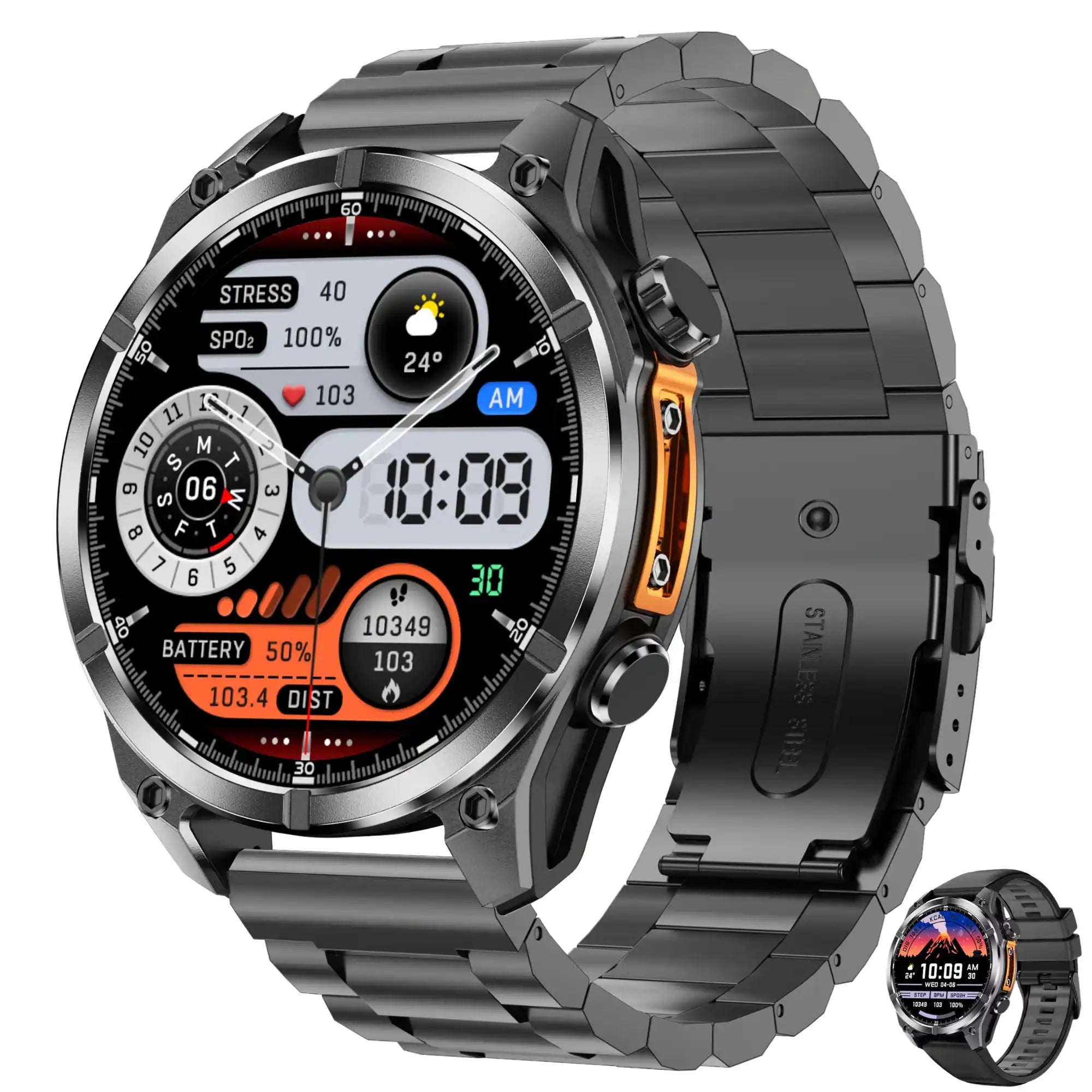TUTT D300 tactical smart watch with rugged black metal band, colorful digital display, fitness stats, weather, and battery level shown. TUTT