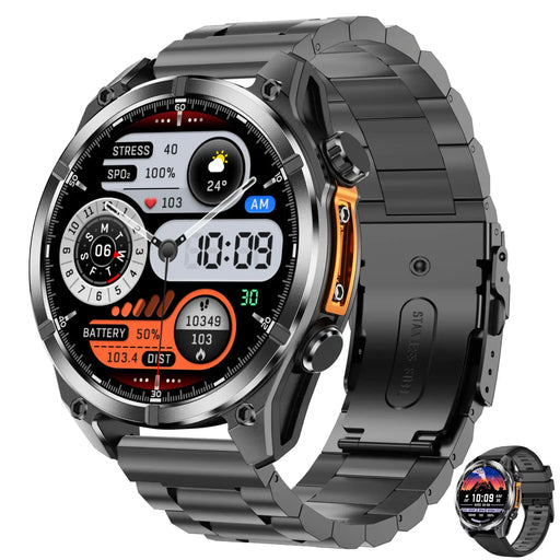 TUTT D300 tactical smart watch with rugged black metal band, colorful digital display, fitness stats, weather, and battery level shown. TUTT