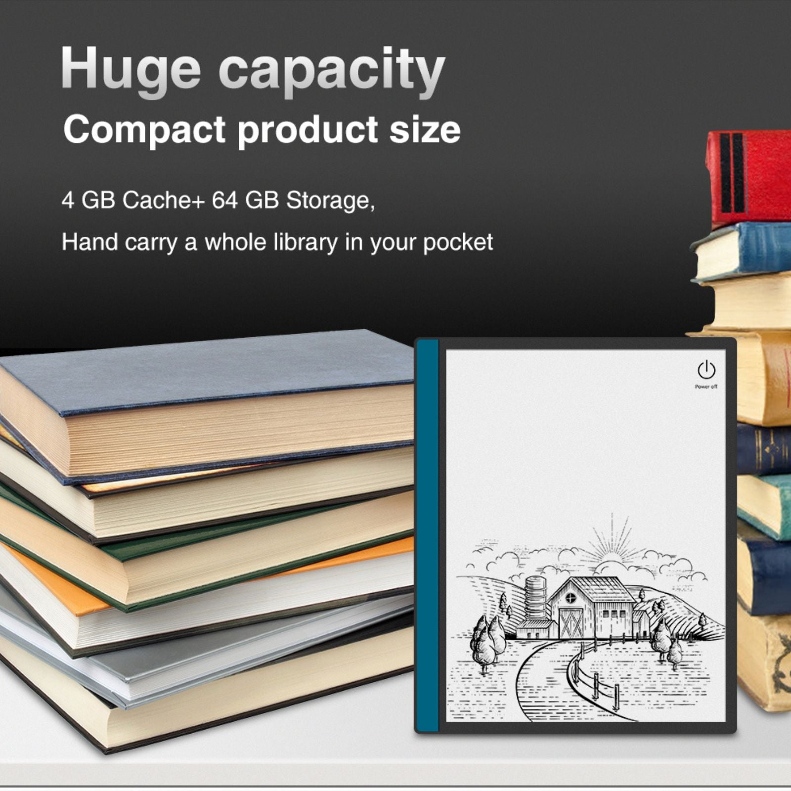Compact e-reader with 64GB storage and 4GB cache next to stacked books, promoting huge capacity TUTT
