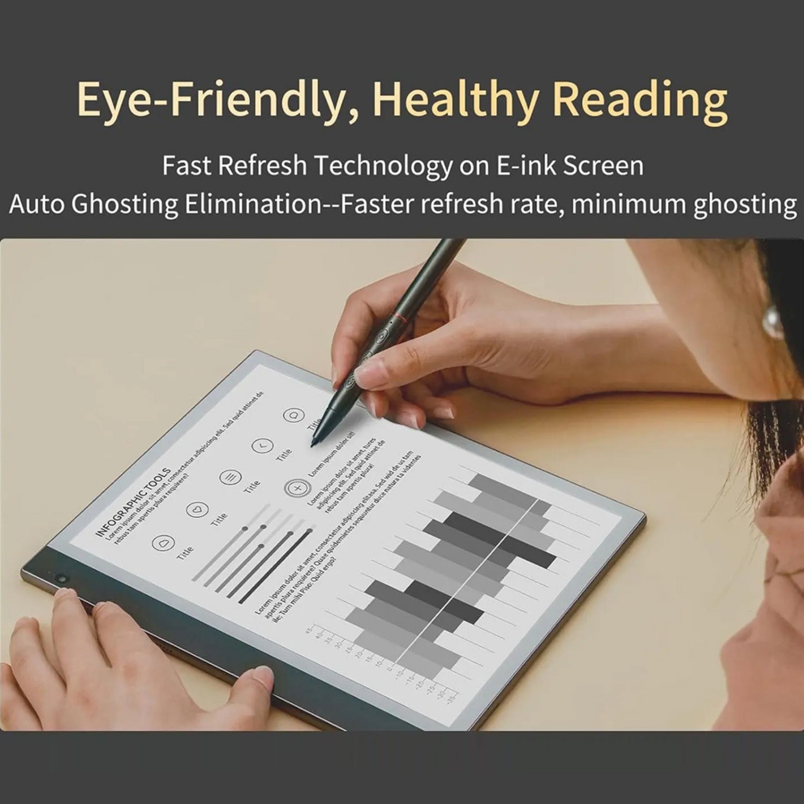 Person using stylus on tablet e-ink screen displaying infographics with fast refresh technology TUTT