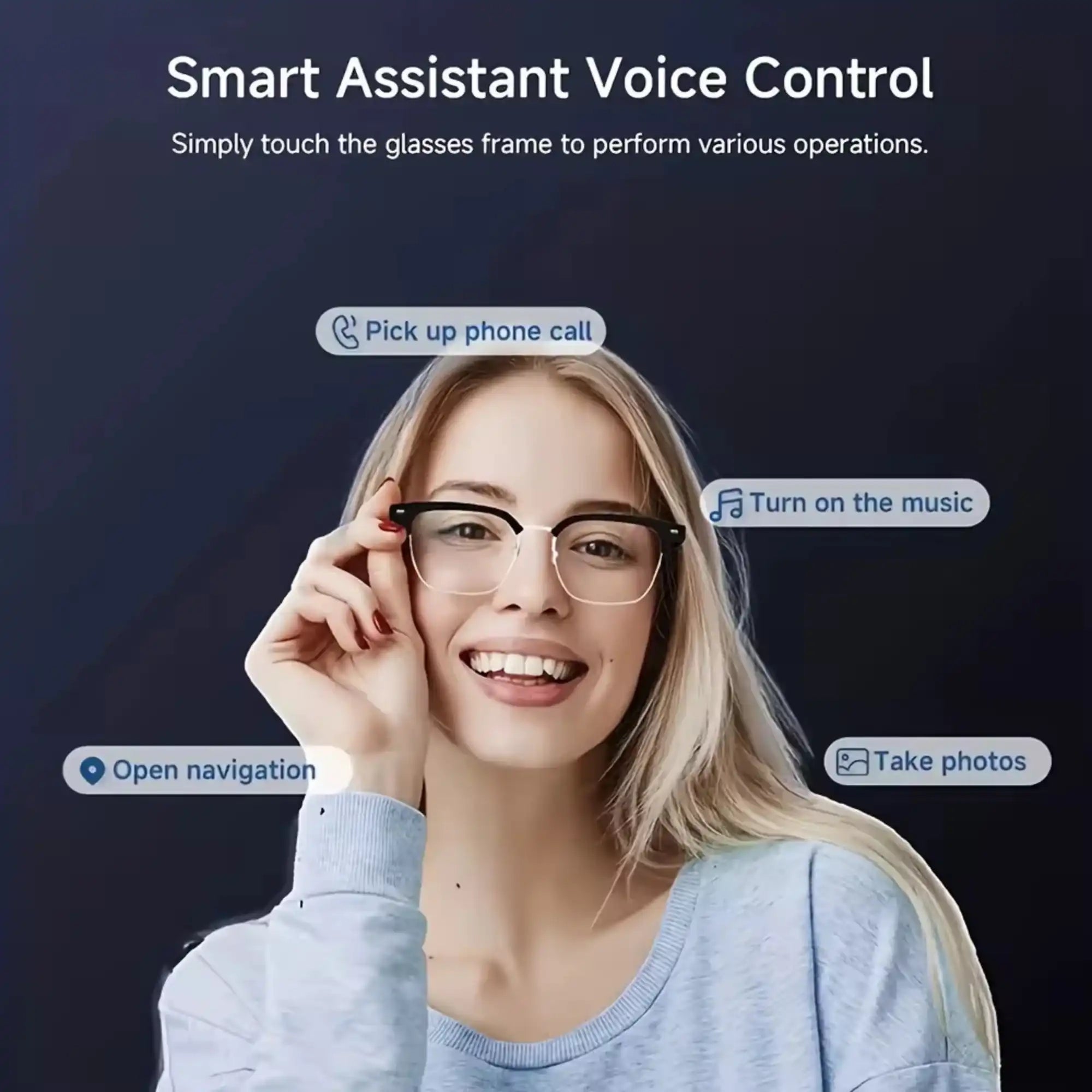 Smiling woman wearing smart Bluetooth glasses with voice control features and icons, TUTT