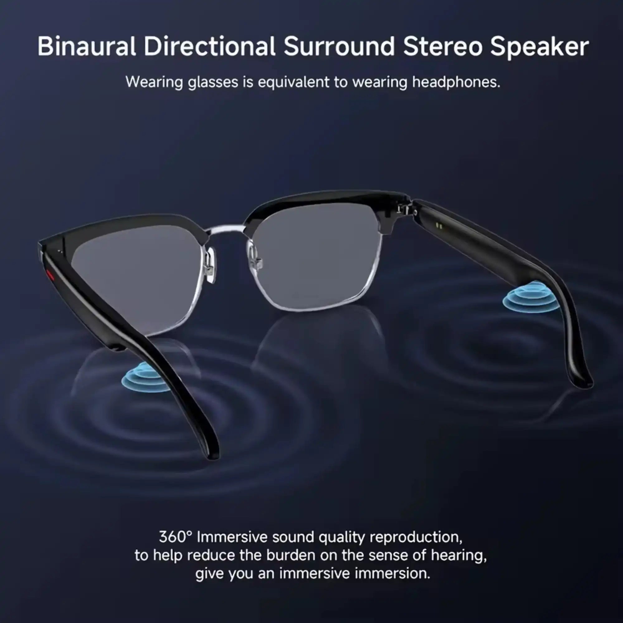 Smart Bluetooth glasses with black frame, stereo speakers visualized, on dark background, TUTT