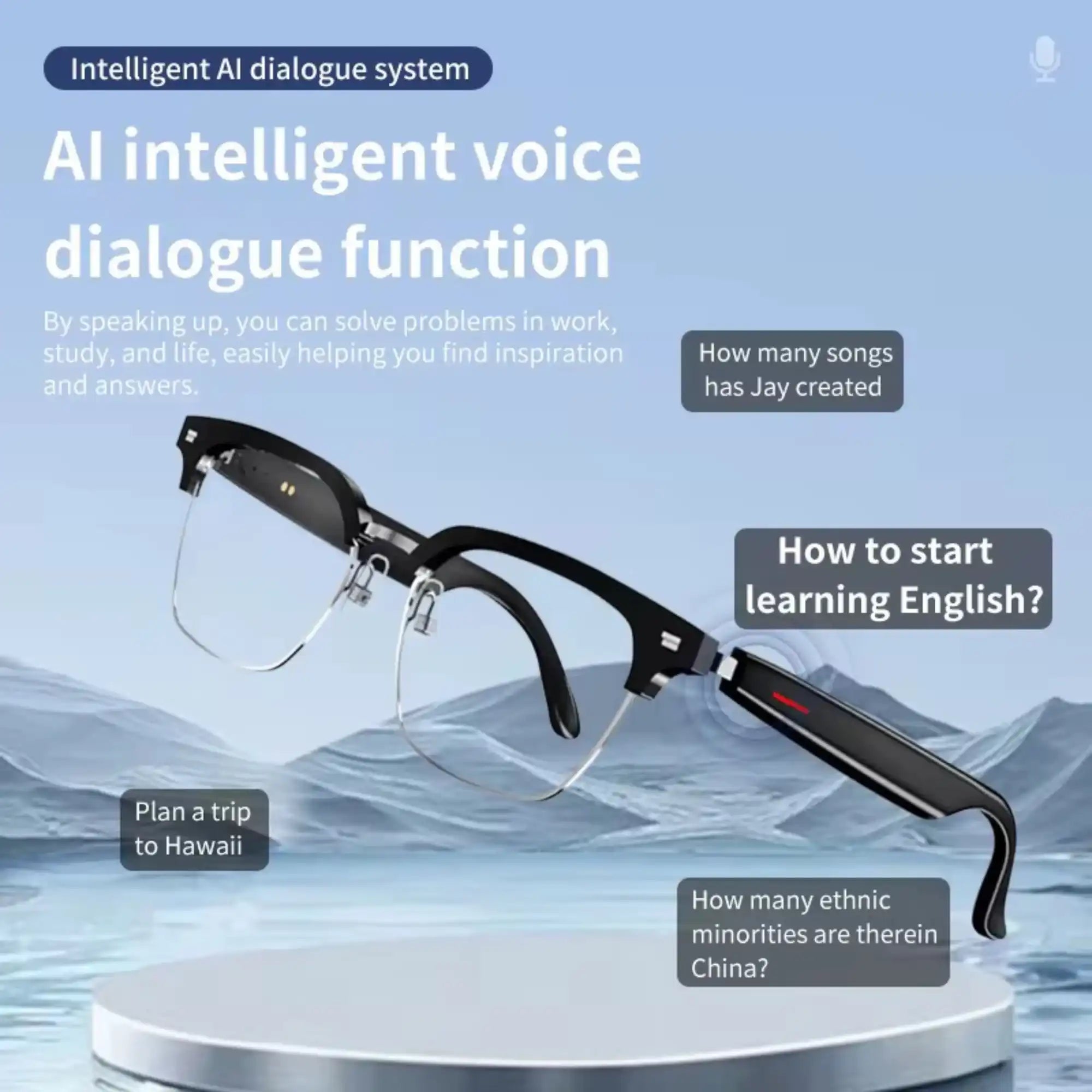 Smart Bluetooth glasses with AI voice assistant features on a blue background, TUTT