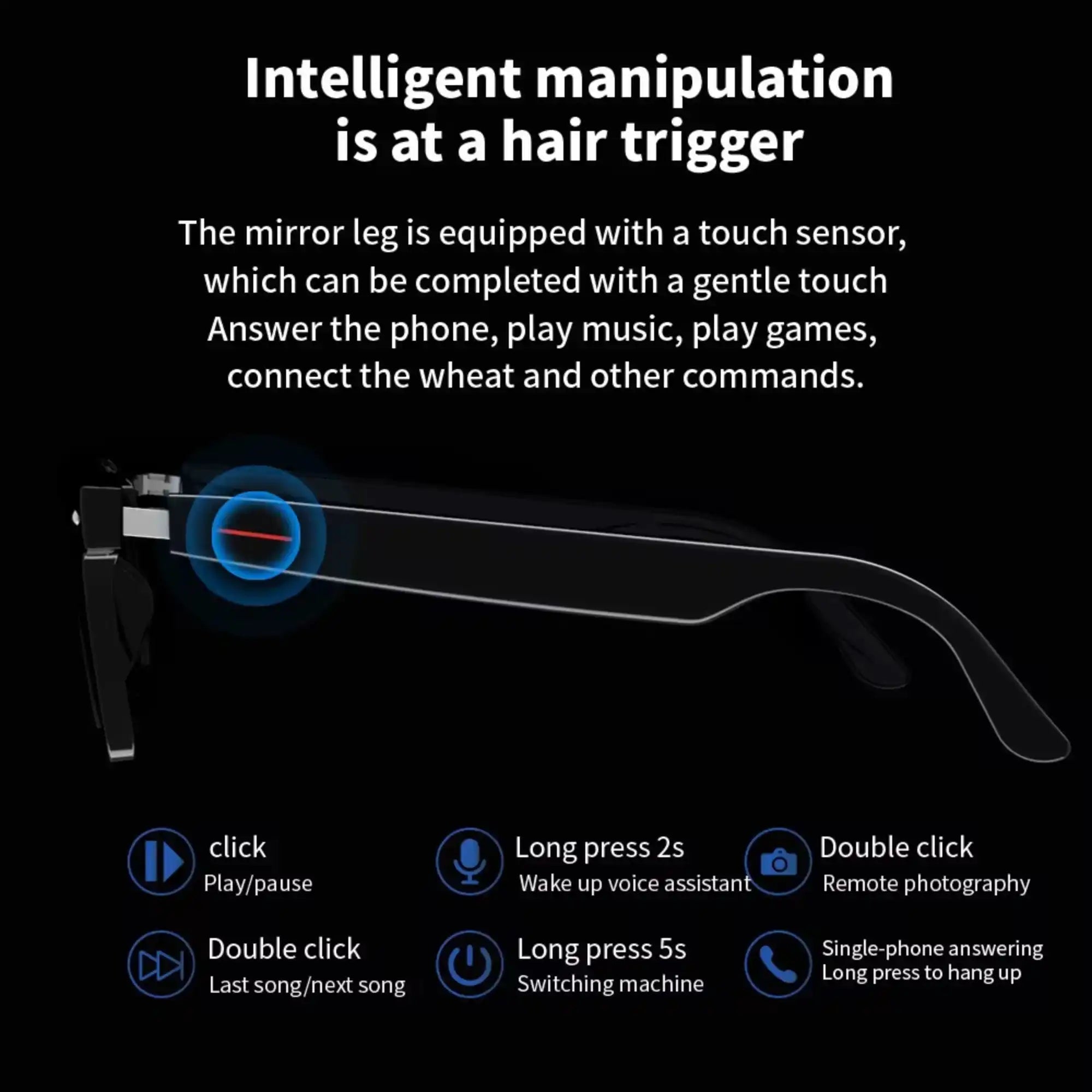 Smart Bluetooth glasses with touch sensor on the mirror leg and control icons on black background TUTT
