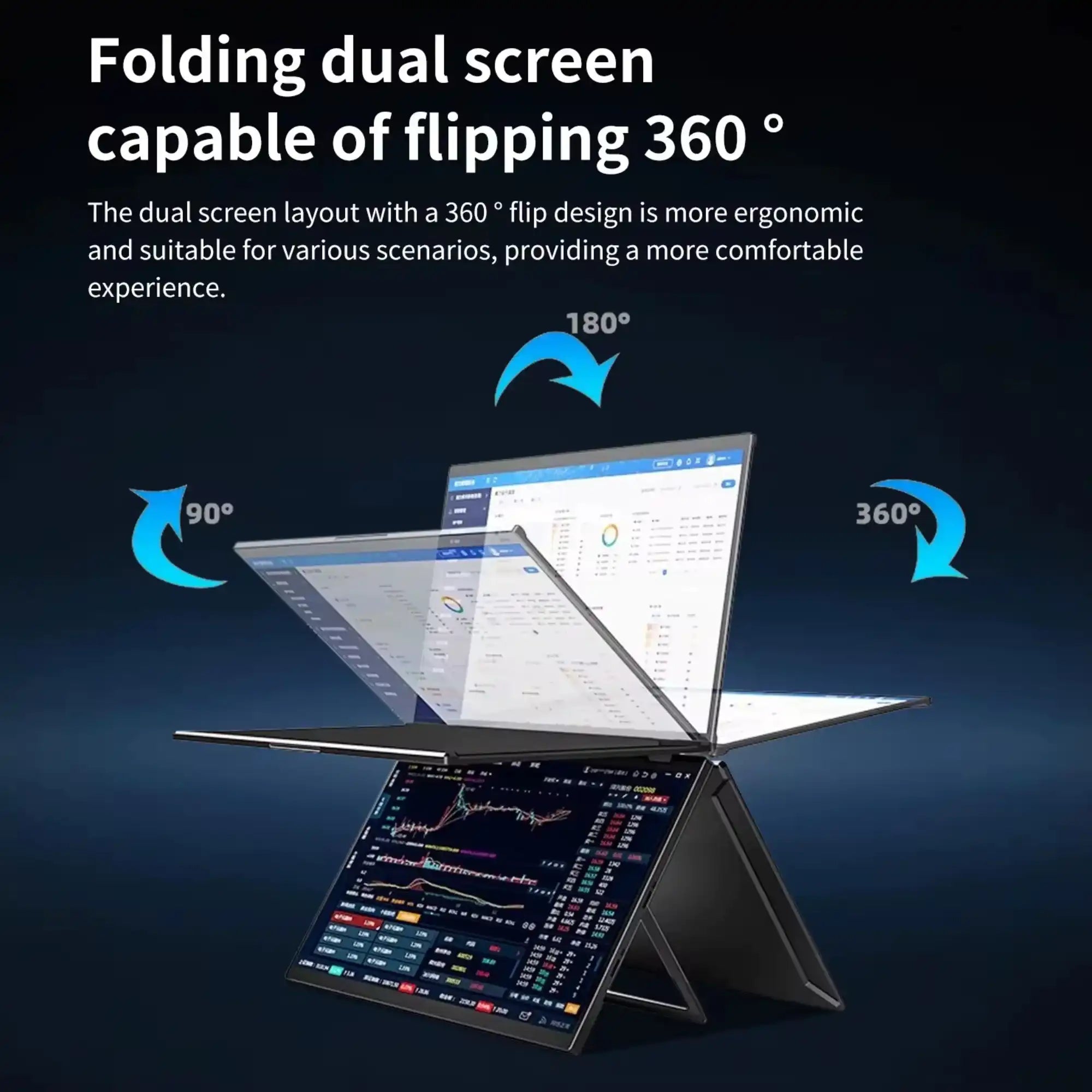 Folding dual screen portable monitor 18.5-inch with 360-degree flip design, blue background, TUTT
