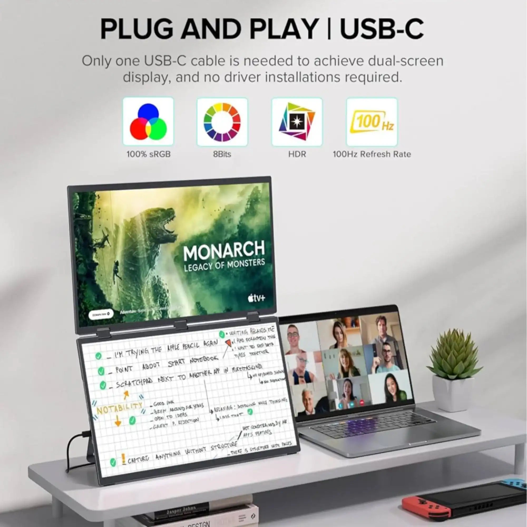 Dual-screen portable monitor connected to laptop with USB-C, showing video and notes, TUTT