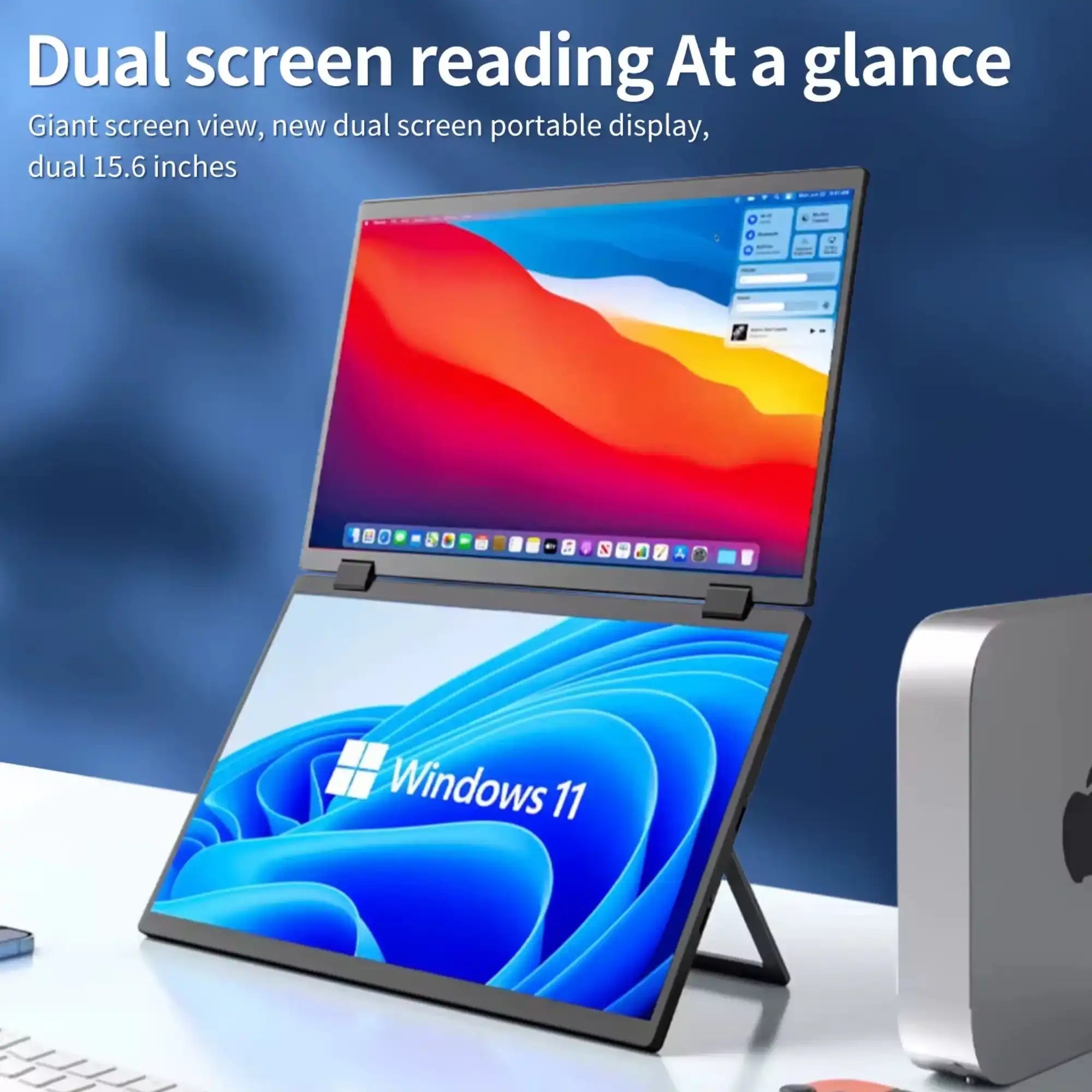 Dual screen portable monitor setup showing Mac and Windows 11 displays on desk, TUTT