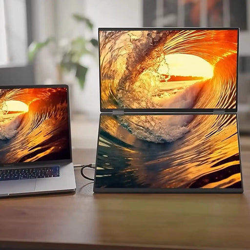 Dual screen portable monitor 18.5 inch connected to laptop, displaying bright wave image, TUTT