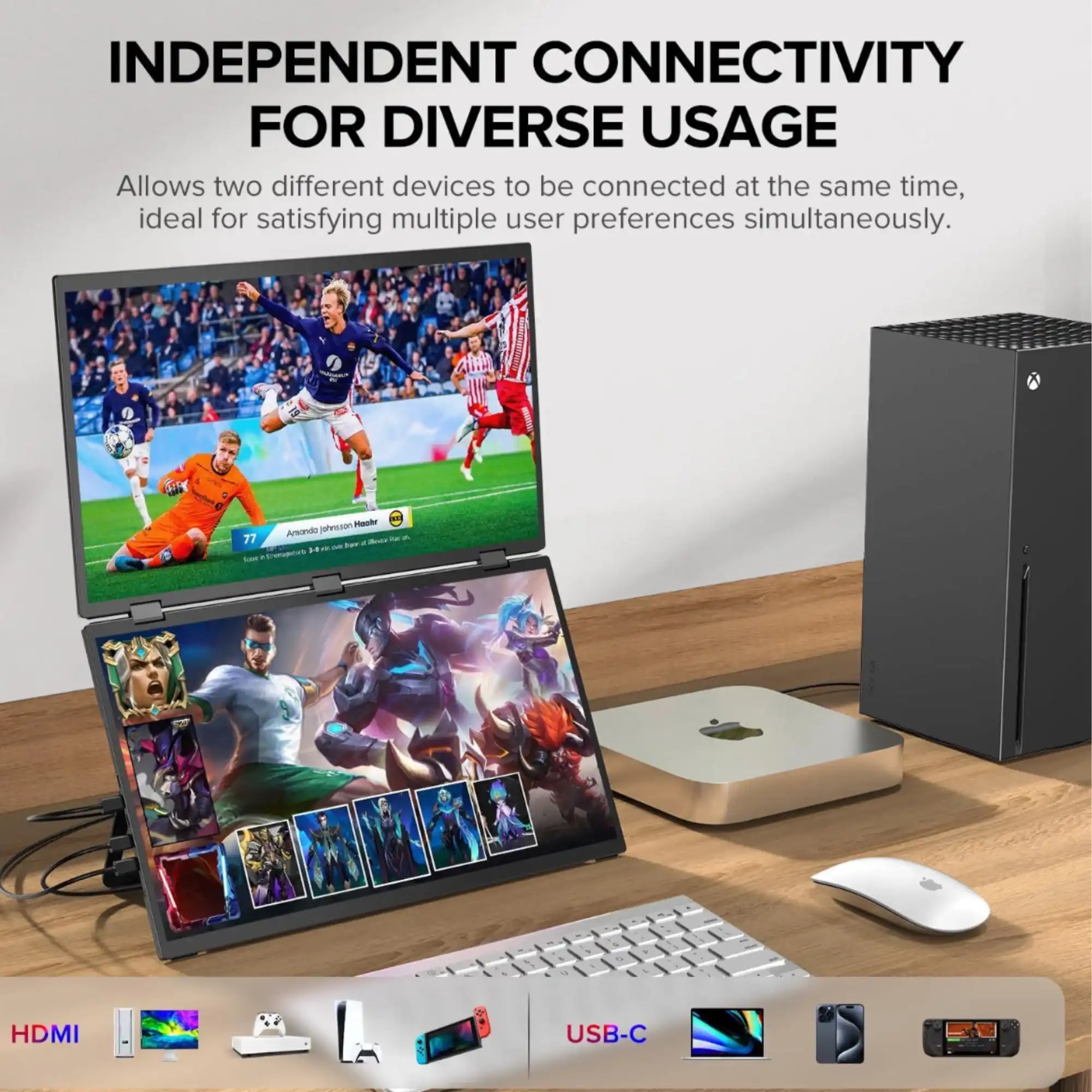 Dual screen portable monitor displaying sports and gaming, connected to Mac Mini and Xbox, HDMI and USB-C compatible, on wooden desk, TUTT