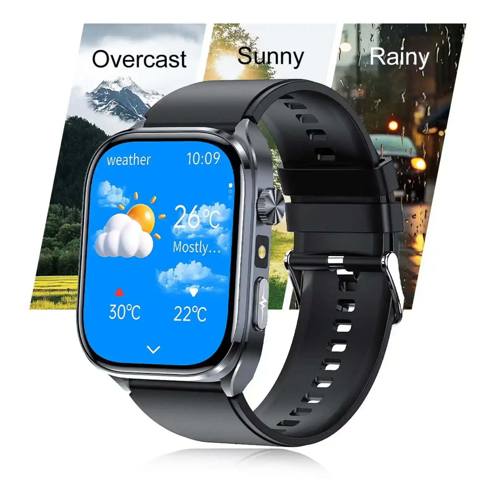 ECG smartwatch displaying weather forecast with overcast, sunny, and rainy backgrounds, TUTT