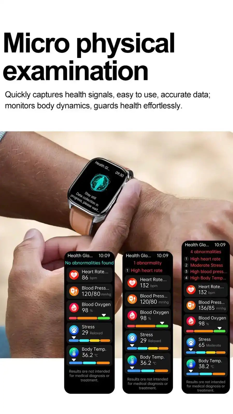 Man using TUTT E7 ECG smartwatch showing health monitoring screens, heart rate, body temp, TUTT