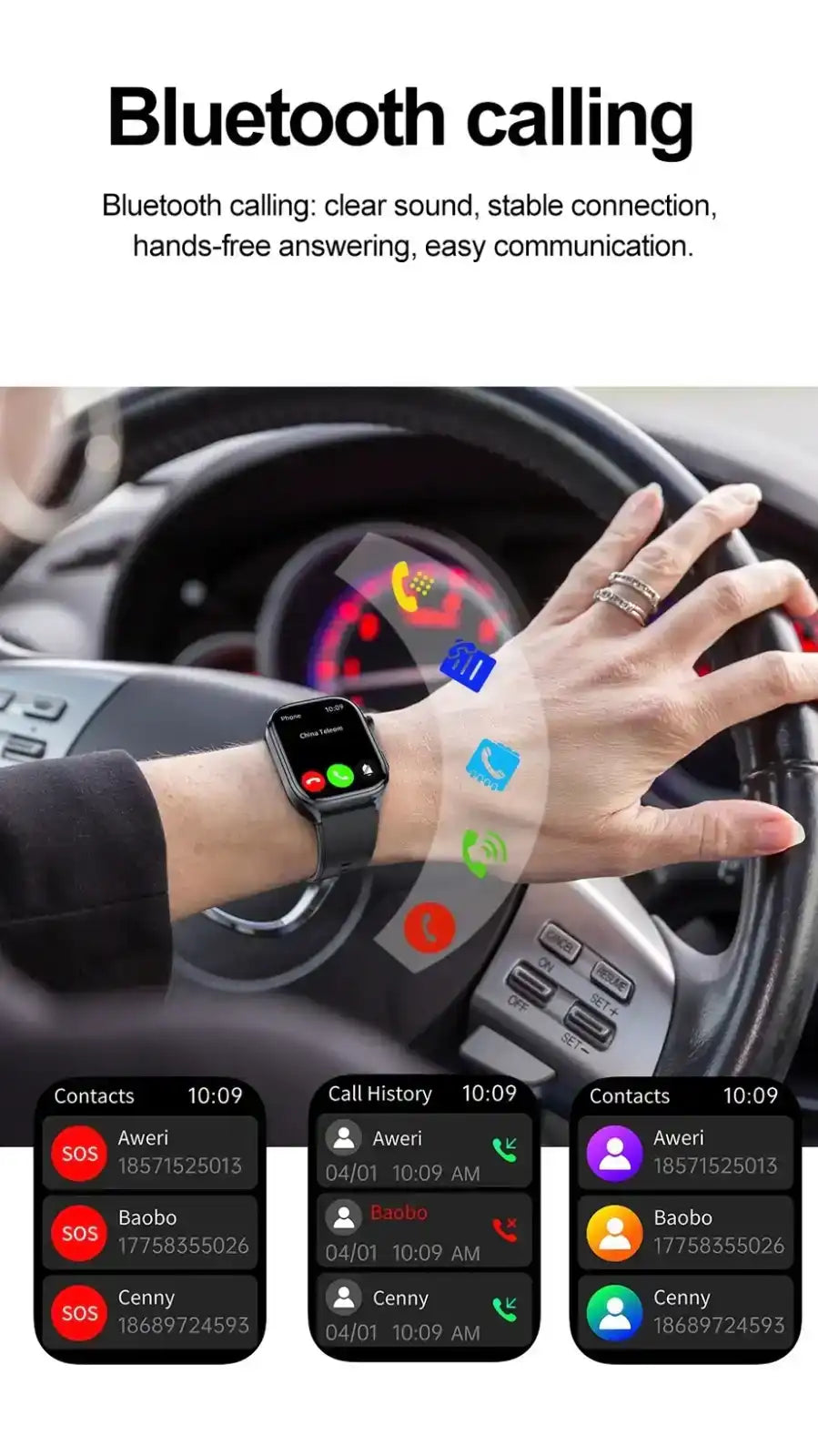 Person using TUTT E7 ECG smartwatch for Bluetooth calling while driving, smartwatch interface visible, hands-free features highlighted. TUTT
