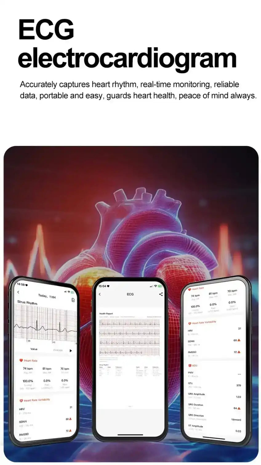 ECG smart watch app showing heart health data on smartphones with digital heart graphic, TUTT