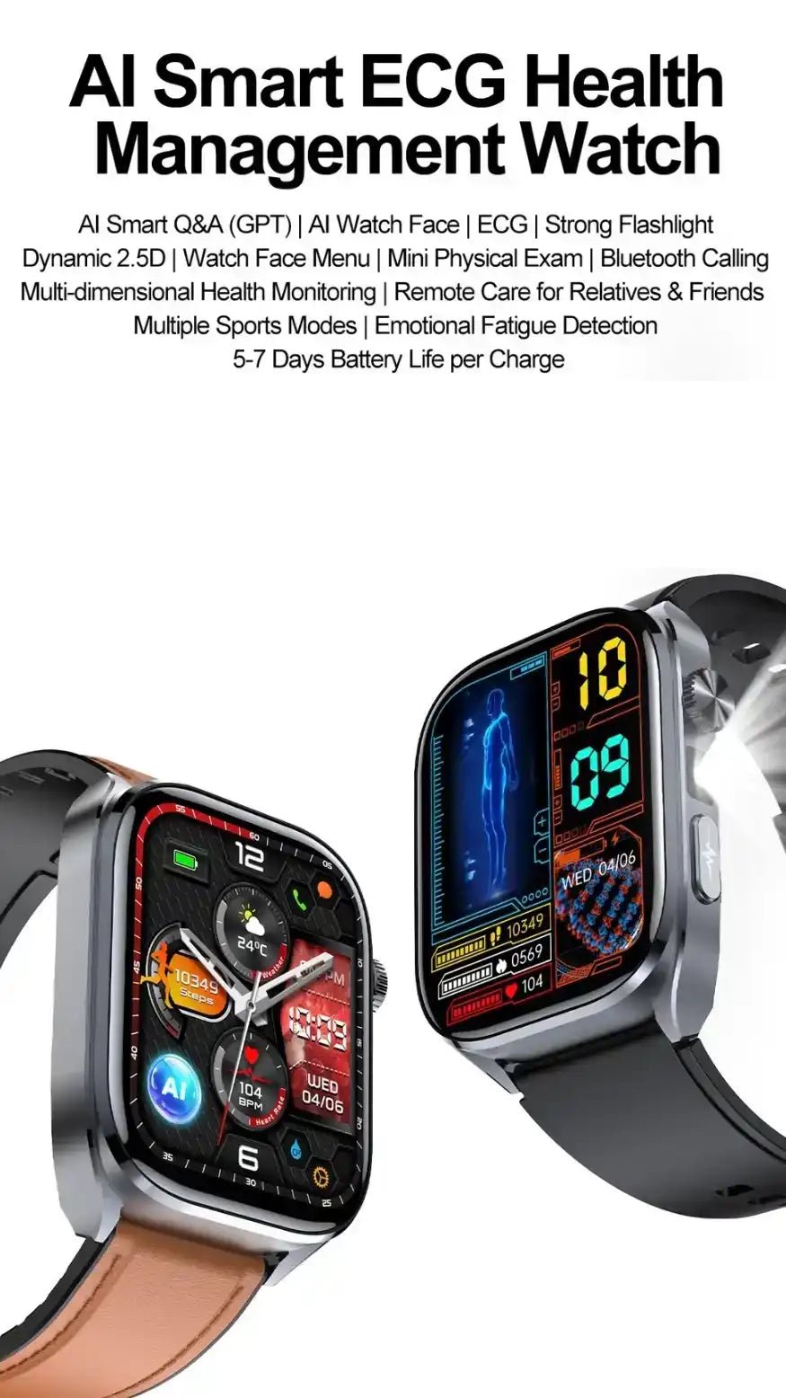 AI ECG health smartwatch with colorful display, health stats, black and brown straps, TUTT