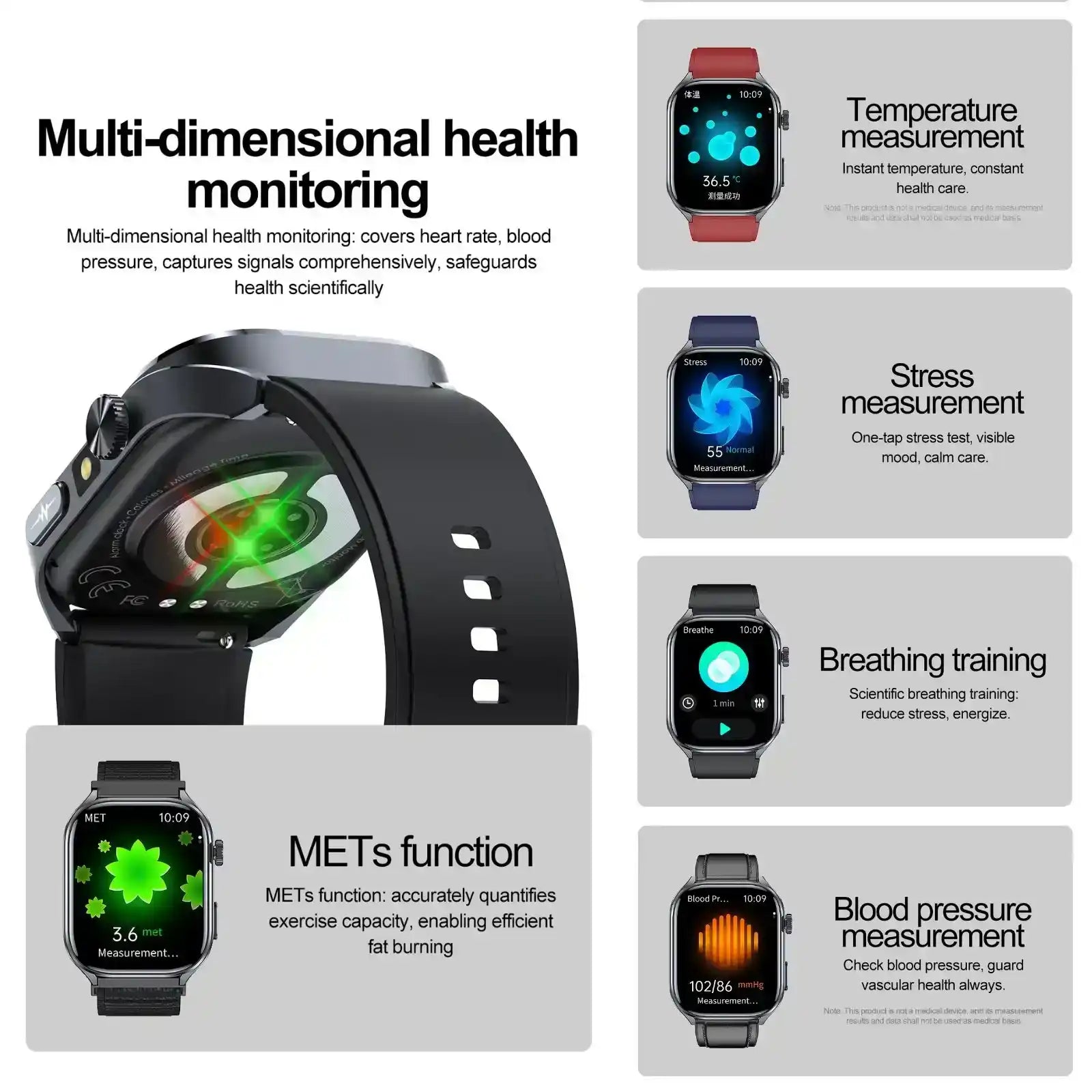 TUTT E7 ECG smartwatch with black strap, showing health monitoring features like heart rate, blood pressure, temperature, stress, breathing training, and METs function. TUTT