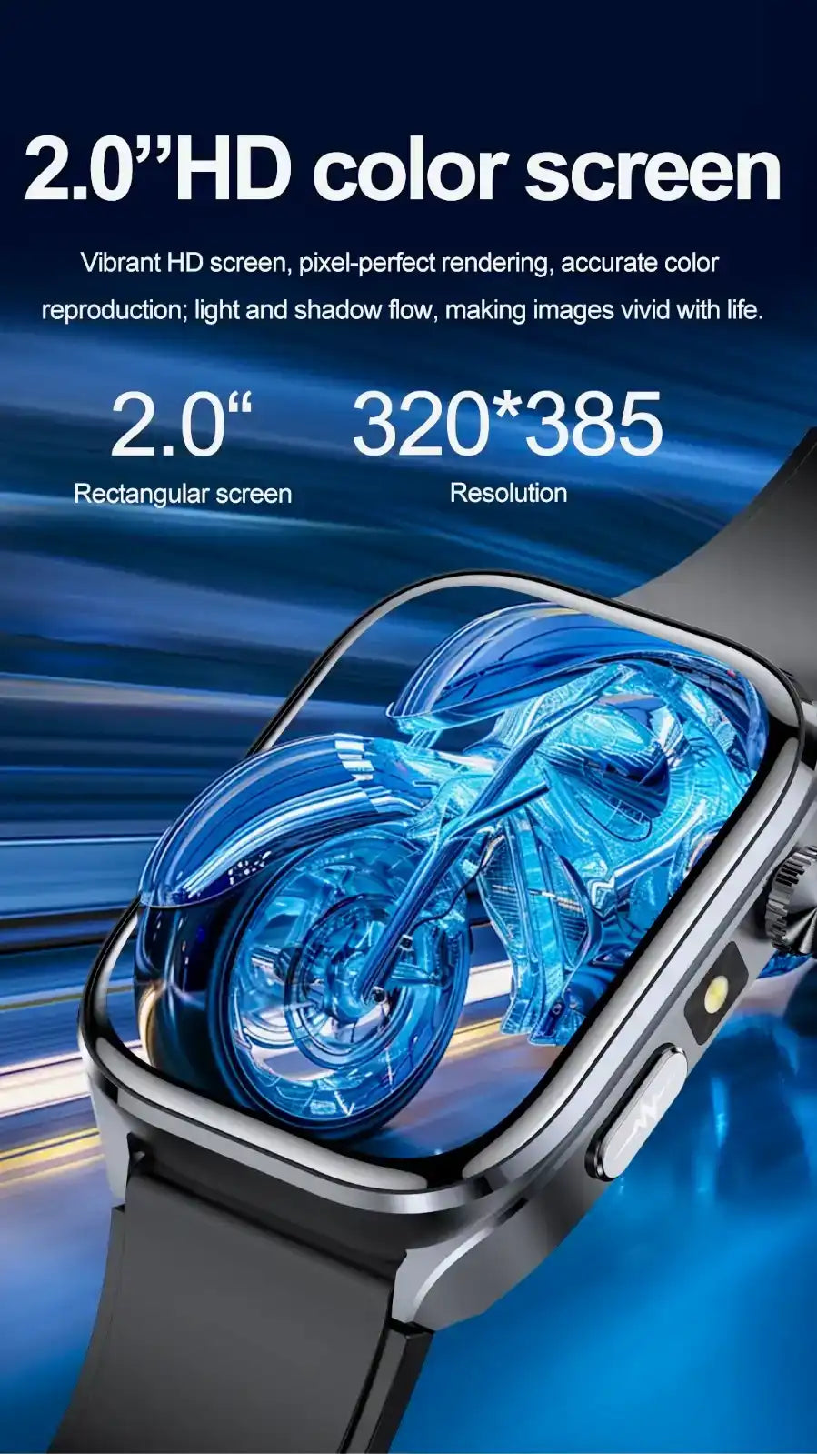 TUTT E7 ECG smartwatch with 2.0-inch HD color rectangular screen, 320x385 resolution, blue digital motorcycle graphic on display. TUTT