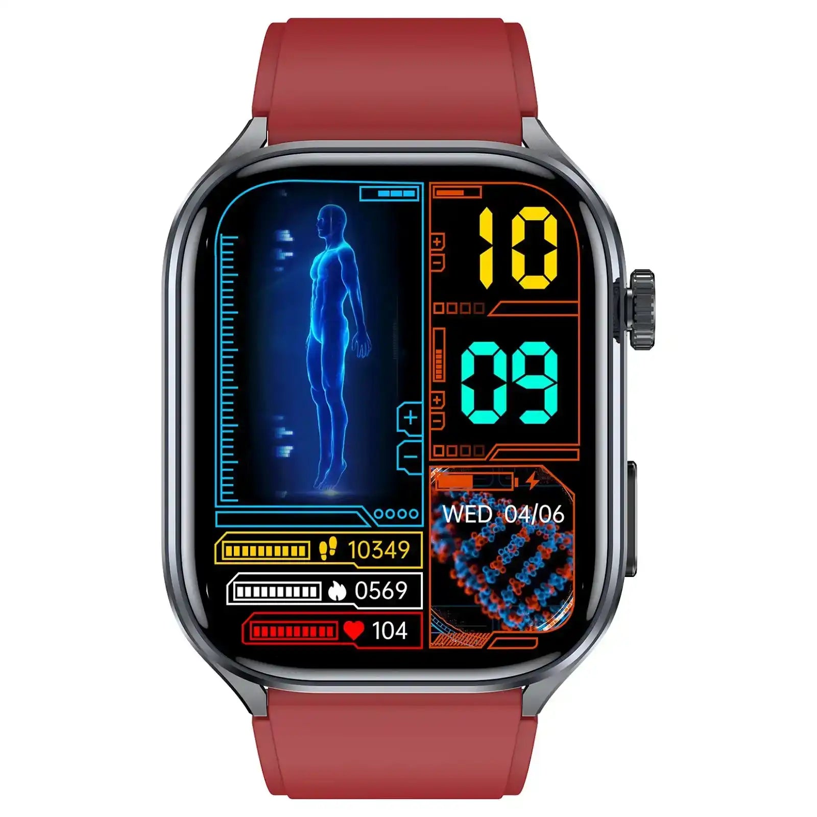 Smartwatch with red band displays futuristic health tracking and digital clock interface, TUTT