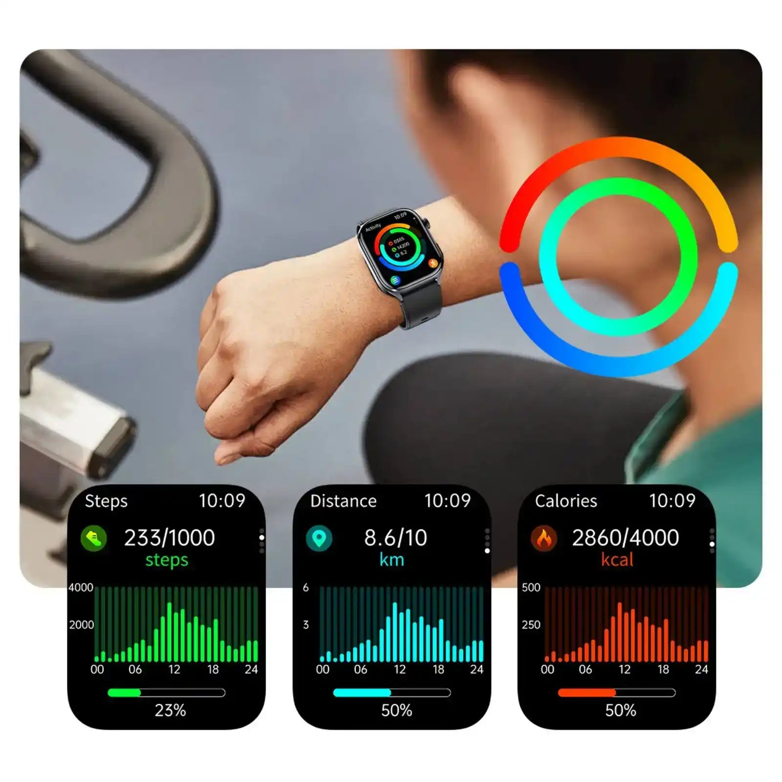 Person using TUTT E7 ECG smartwatch tracking steps, distance, and calories during workout TUTT