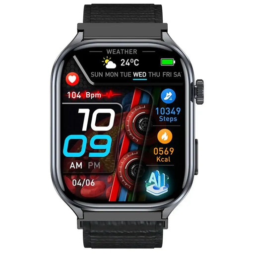 ECG smartwatch with heart rate, steps, calories, weather, AI features and black strap, TUTT