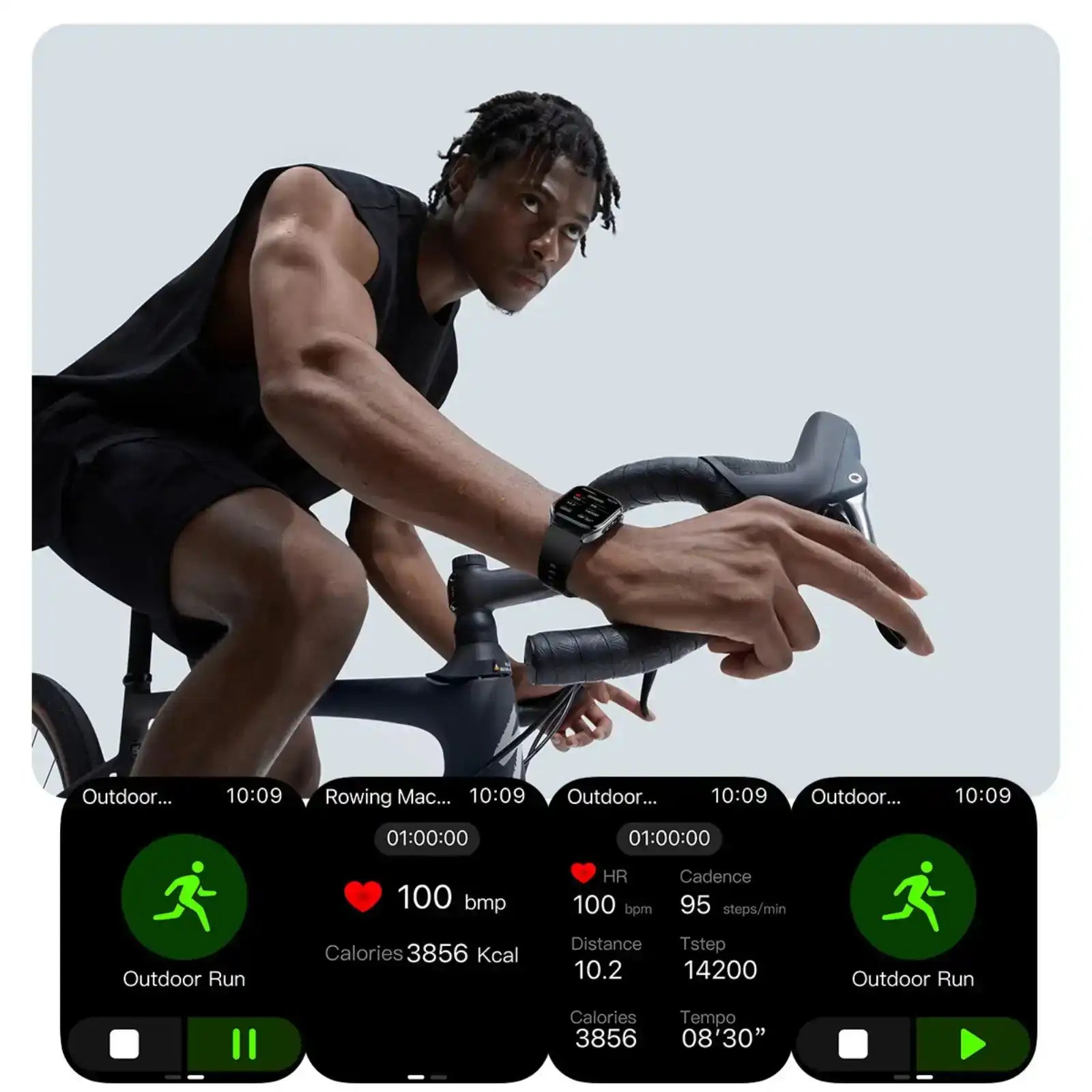 Man riding bicycle wearing ECG smartwatch, fitness tracking screens displayed below, TUTT