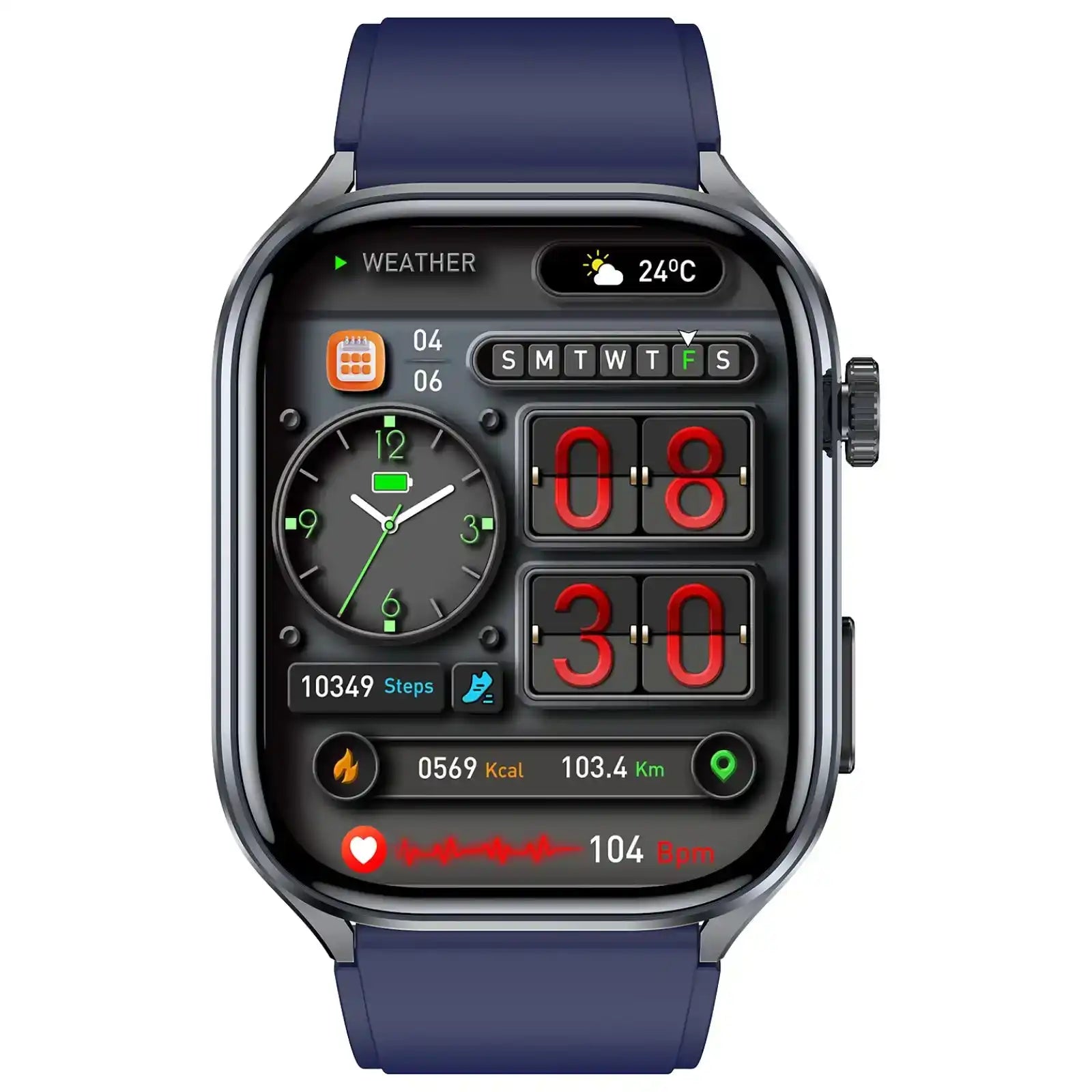 ECG smartwatch with digital display, health tracking, and blue band on screen, TUTT