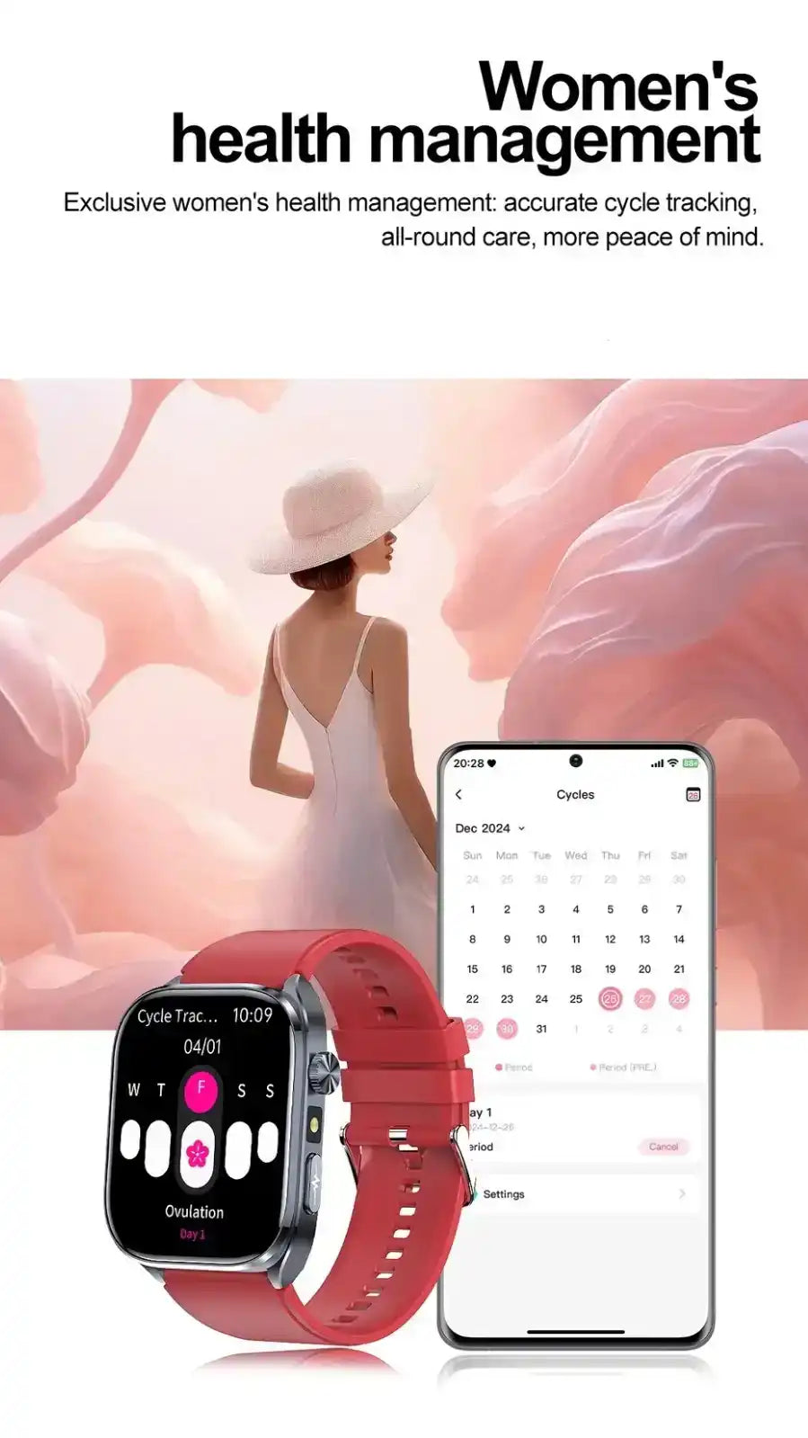 Smartwatch with red strap and women's health tracking app shown on phone and wearable, pink background, TUTT
